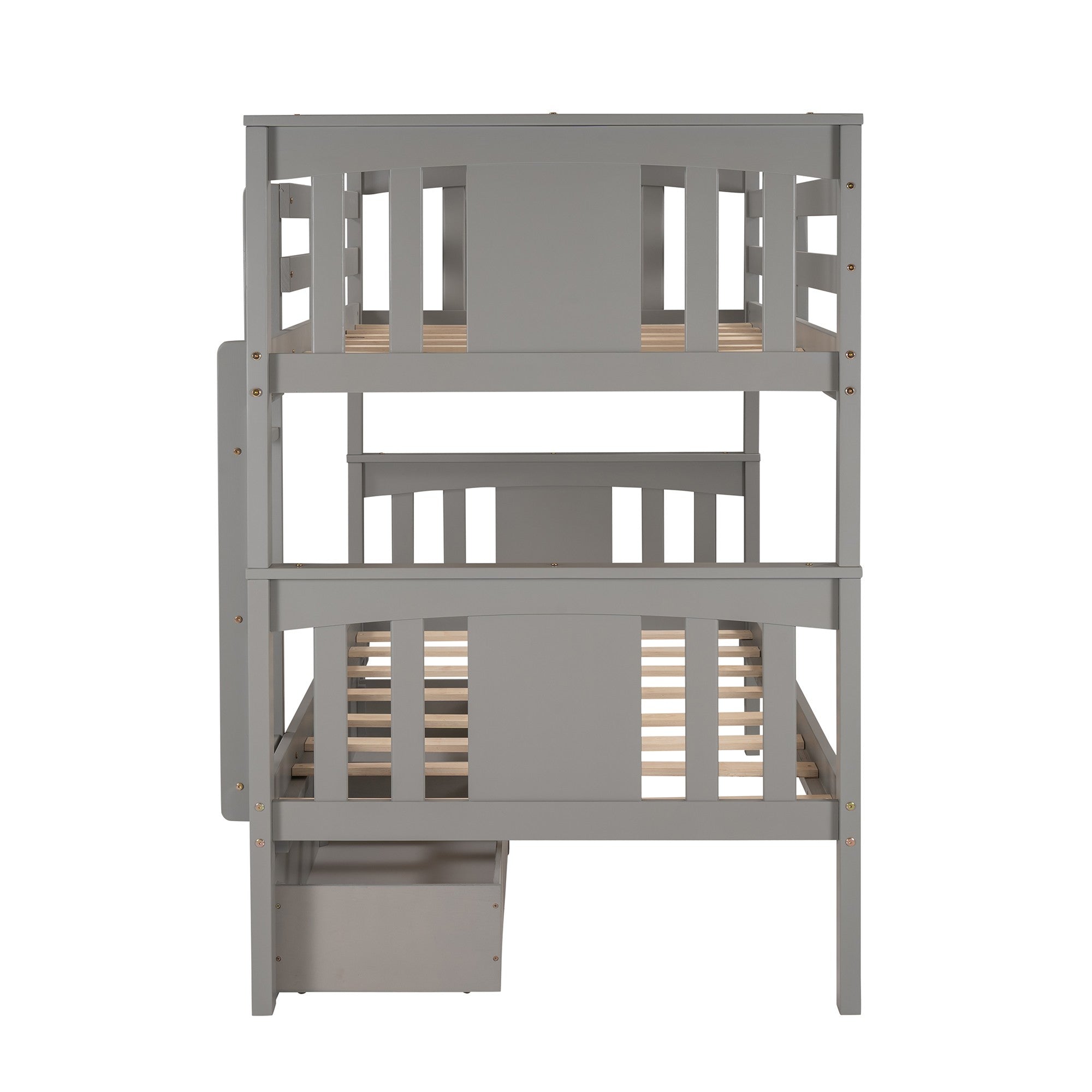 Gray  Double Twin Size Ladder Bunk Bed With Drawers