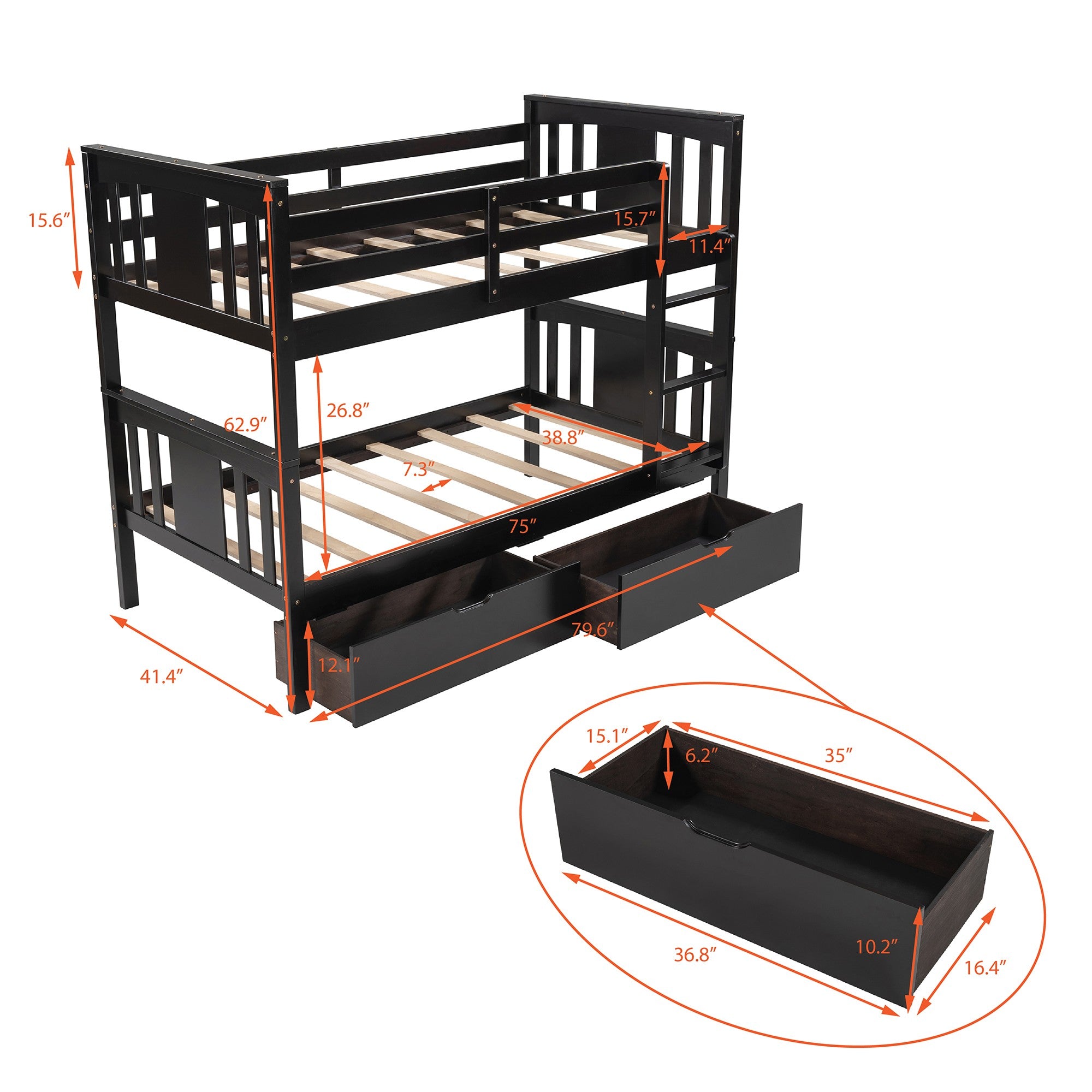 Brown Double Twin Size Ladder Bunk Bed With Drawers Default Title