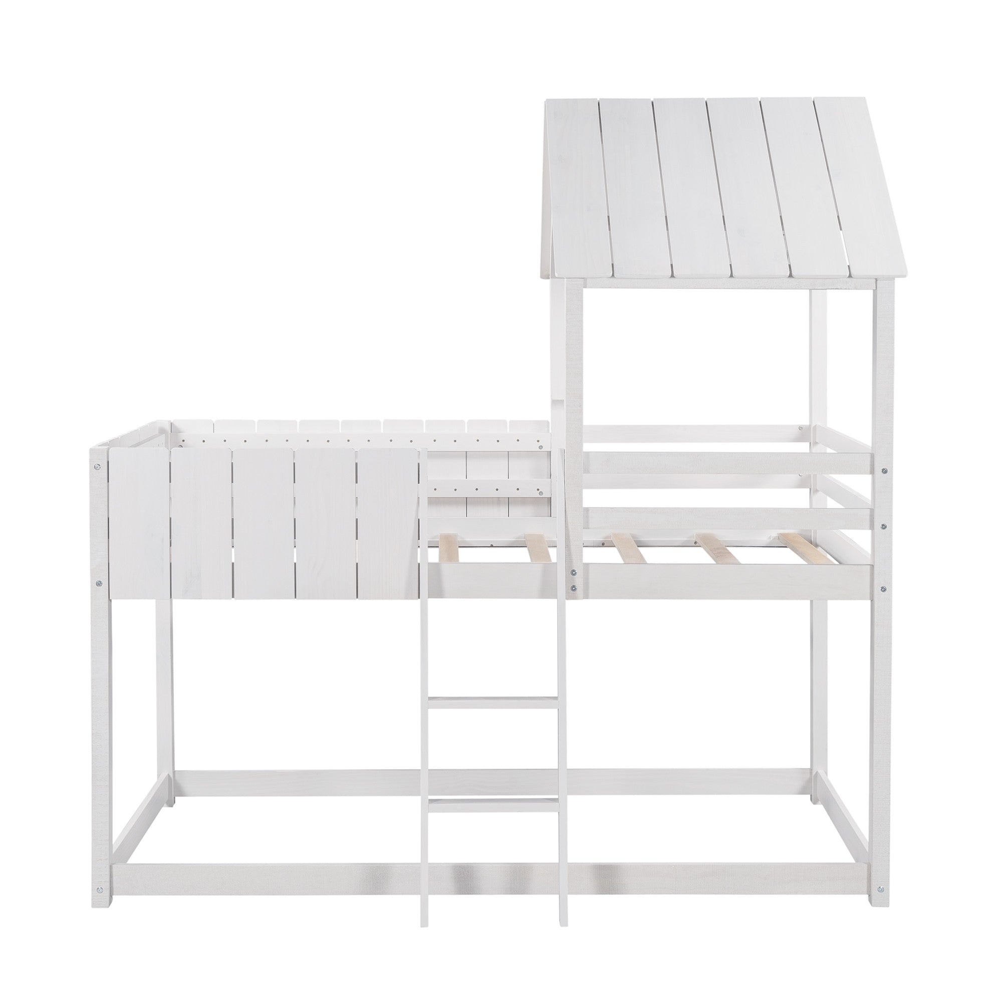 Wash White Double Twin Size Bunk Bed with Roof