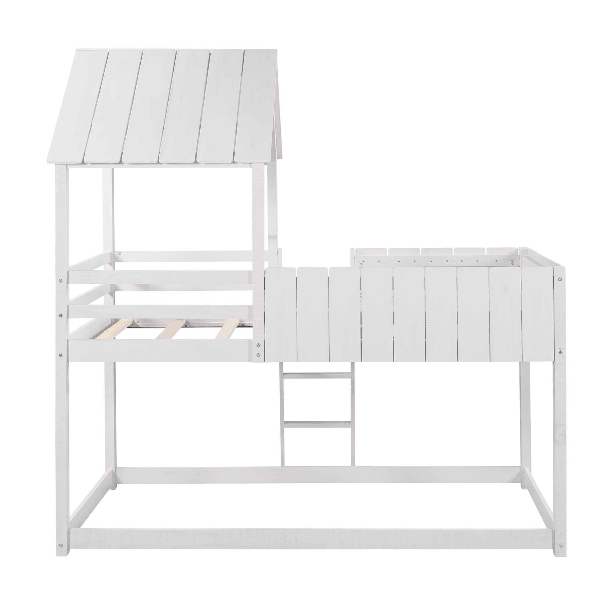 Wash White Double Twin Size Bunk Bed with Roof