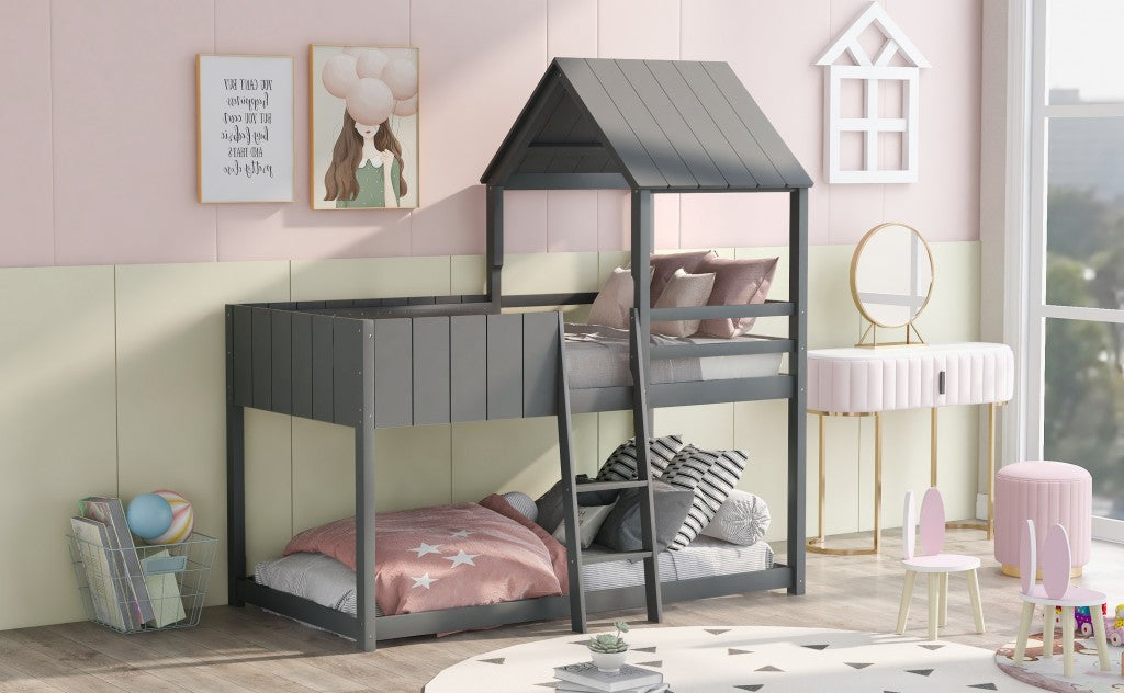 Gray Double Twin Size Bunk Bed with Roof