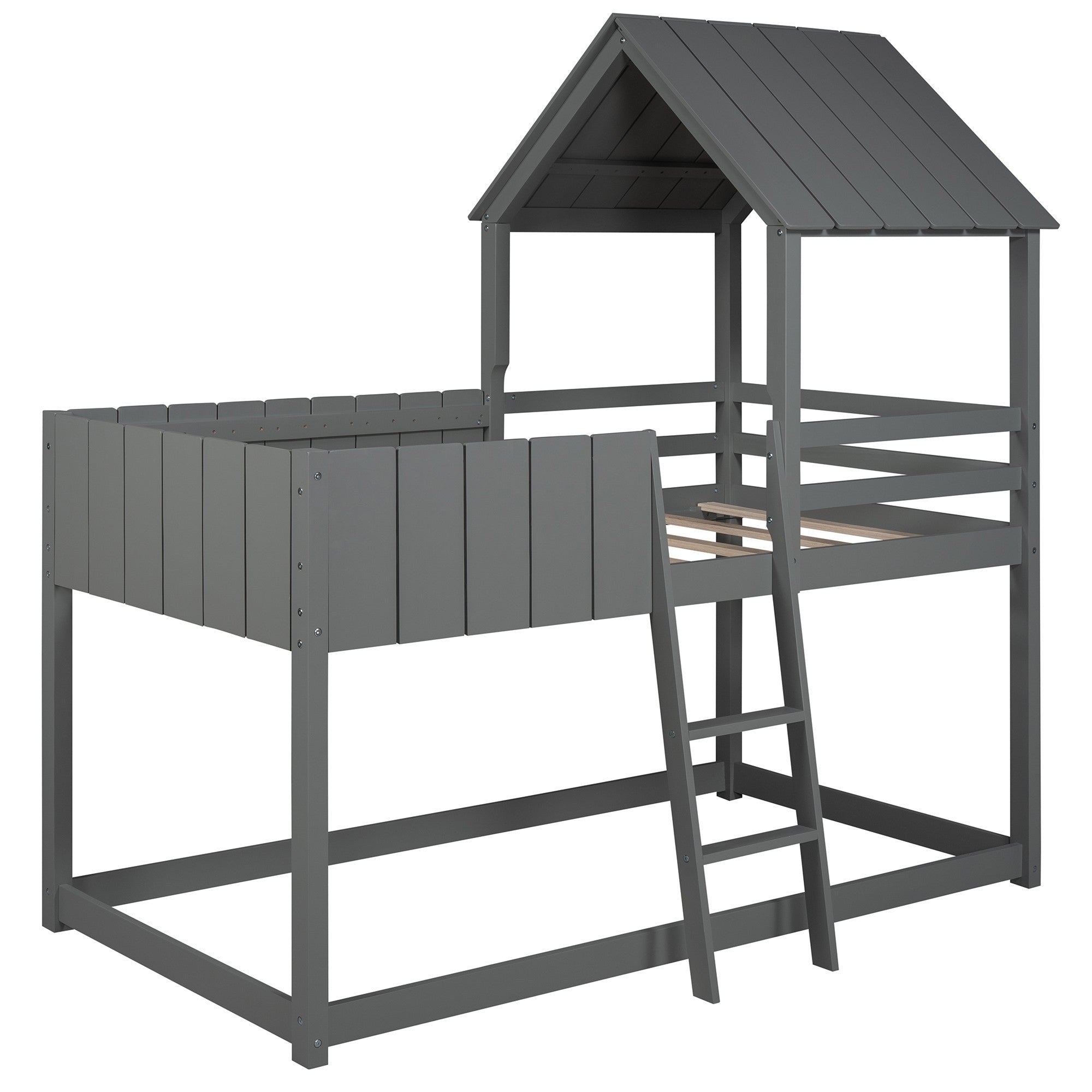 Gray Double Twin Size Bunk Bed with Roof