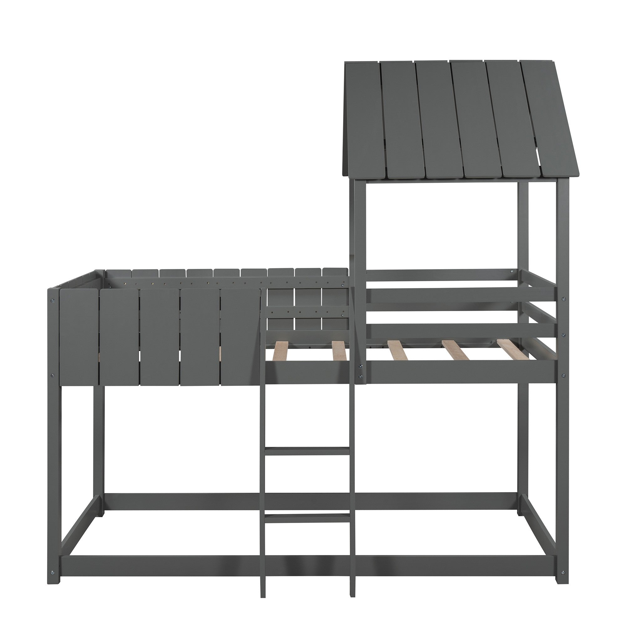 Gray Double Twin Size Bunk Bed with Roof