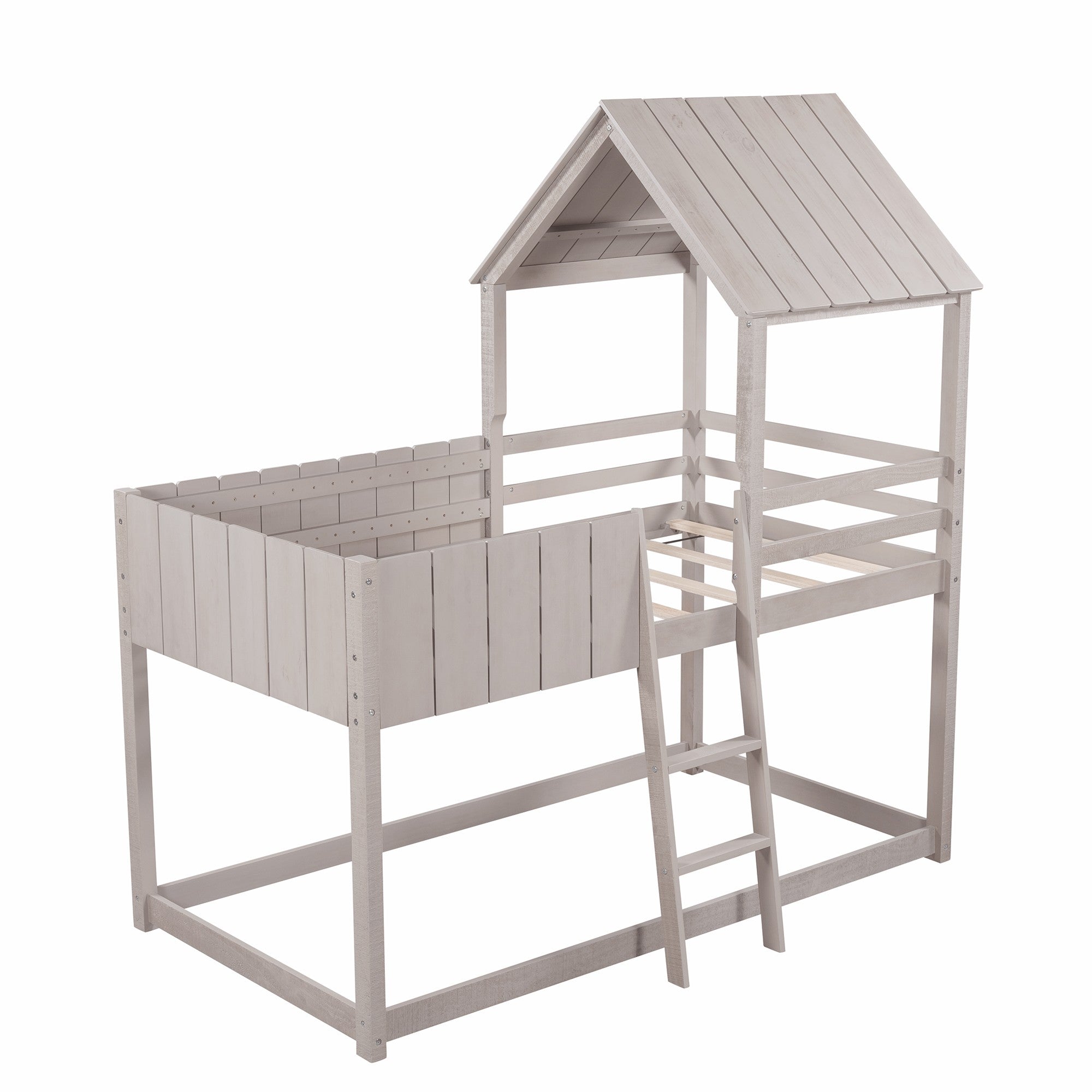 Wash Gray Double Twin Size Bunk Bed with Roof