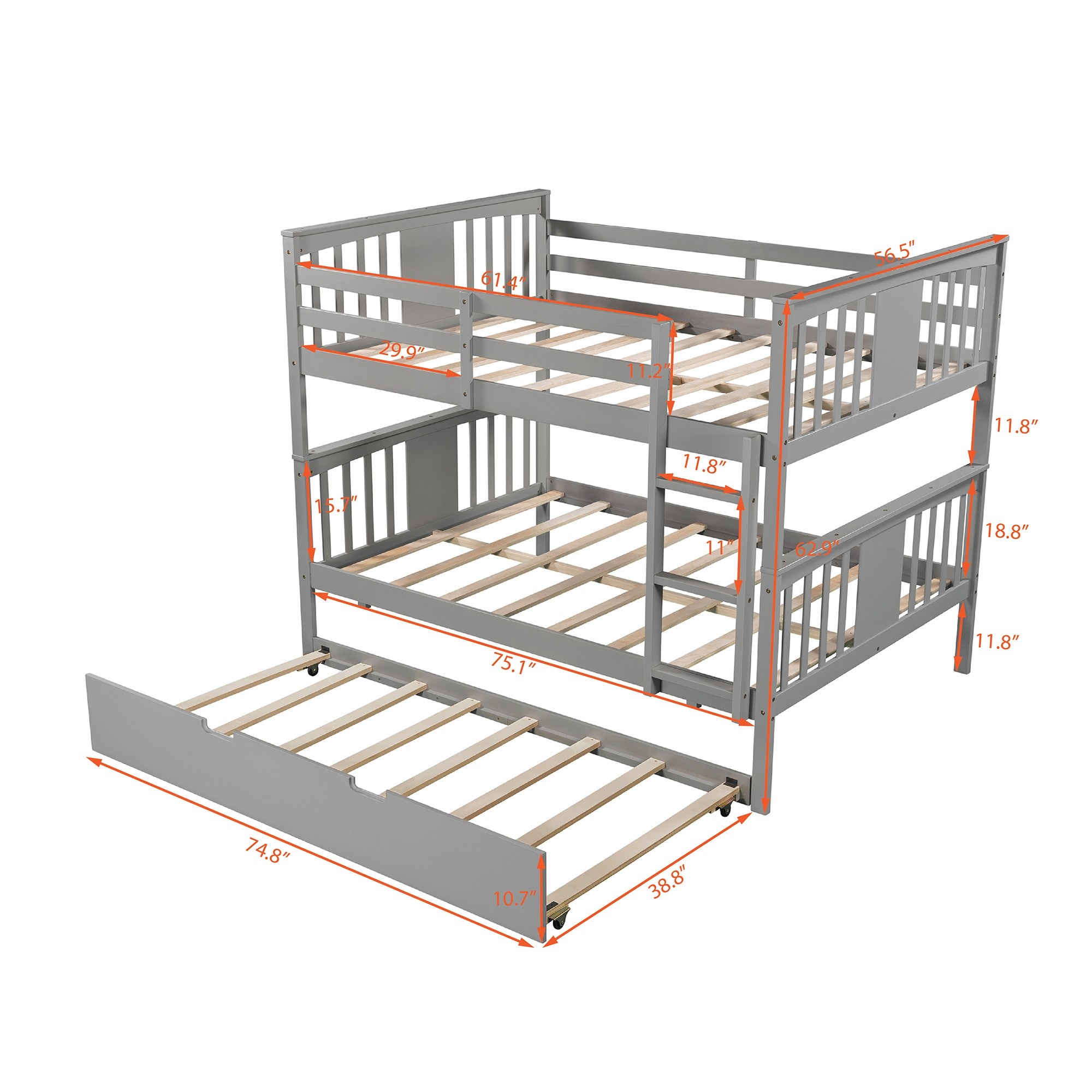 Gray Double Full Size Over Twin Trundle Bunk Bed