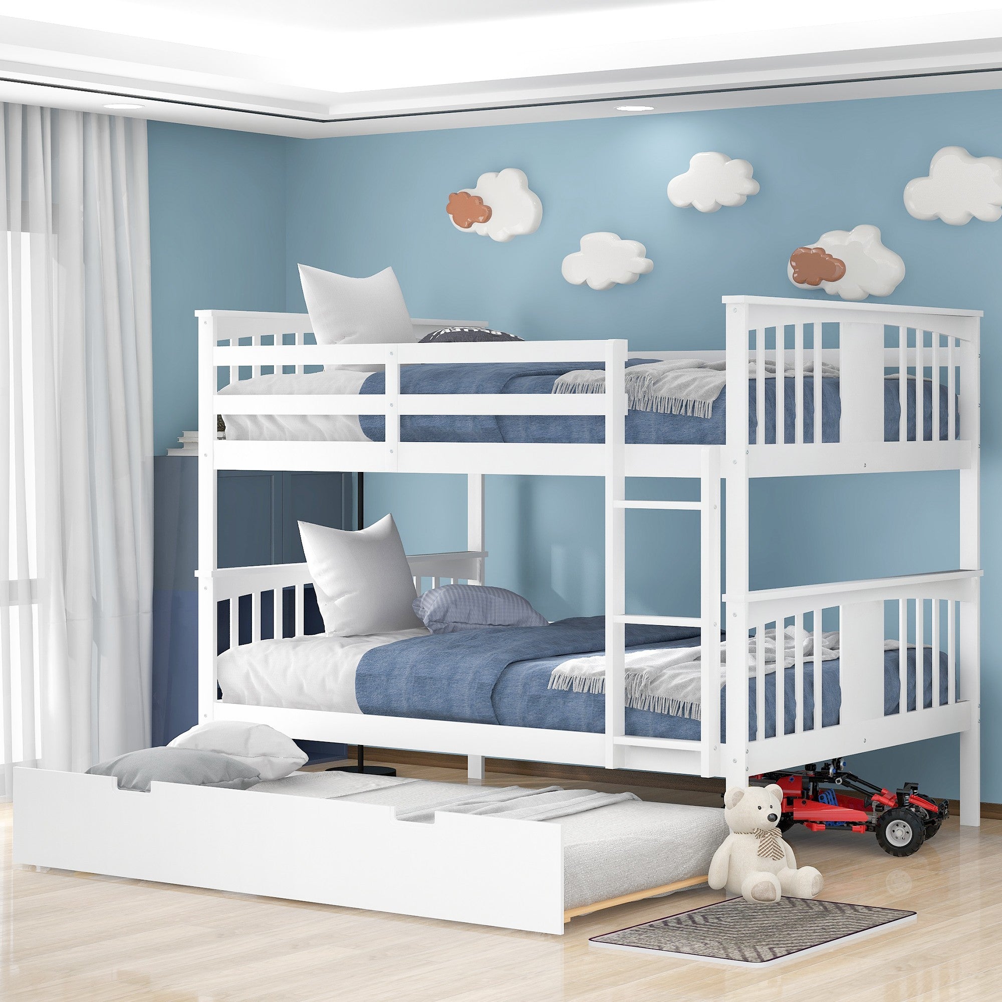 White Double Full Size Over Twin Trundle Bunk Bed