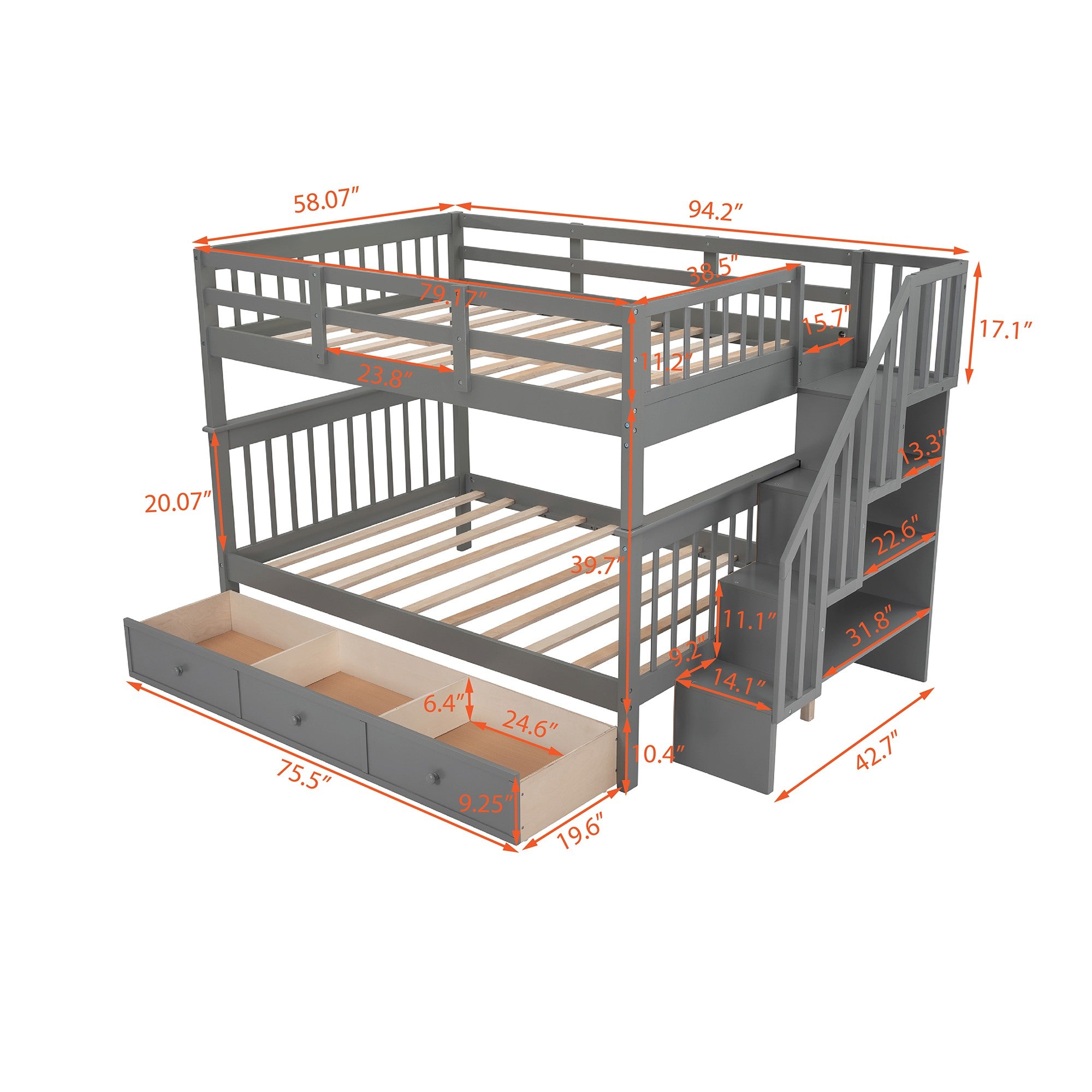 Gray Double Full Size Stairway Bunk Bed With Drawer Default Title