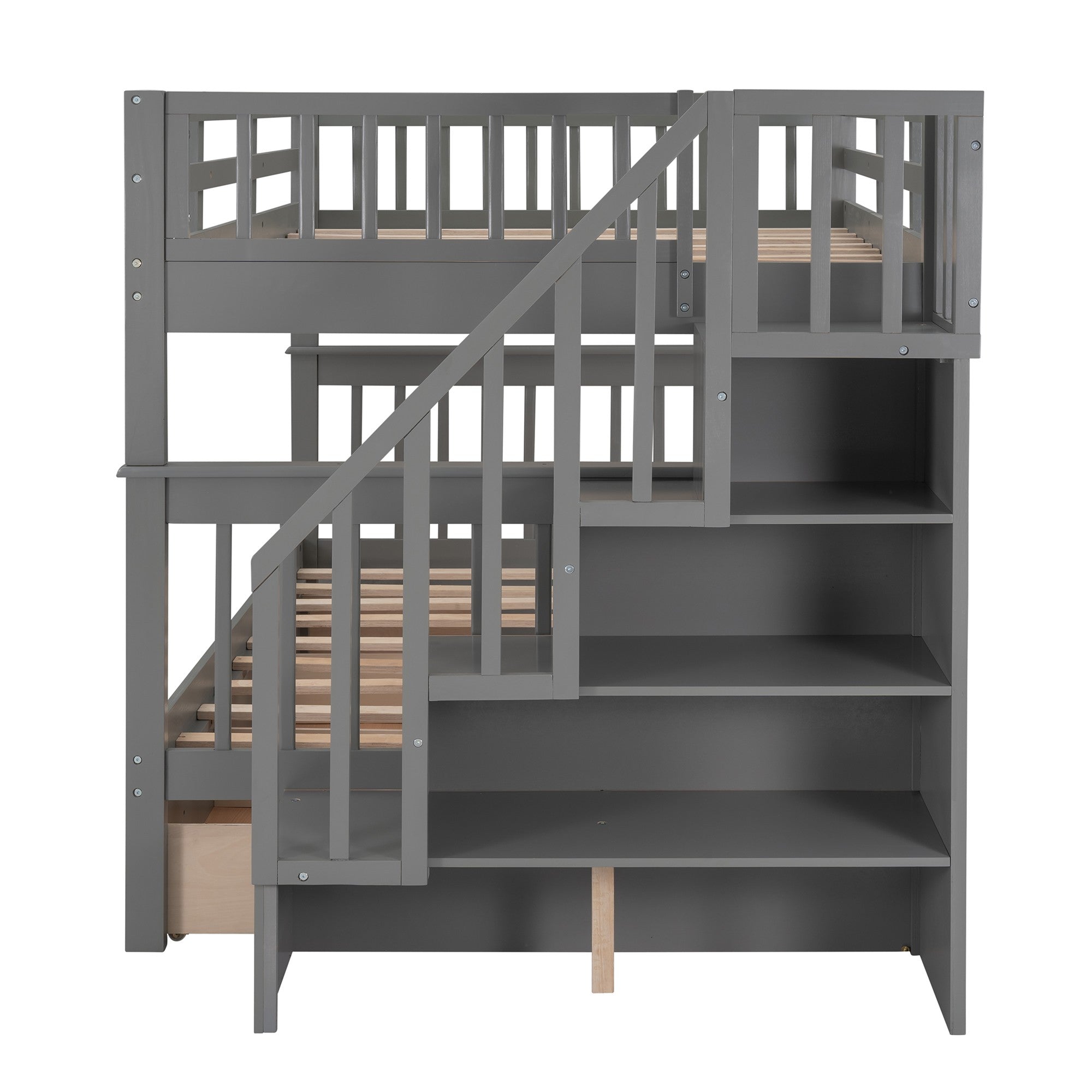 Gray Double Full Size Stairway Bunk Bed With Drawer