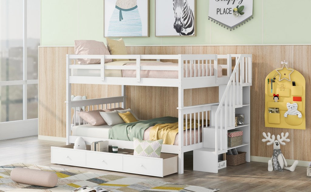 White Double Full Size Stairway Bunk Bed With Drawer Default Title