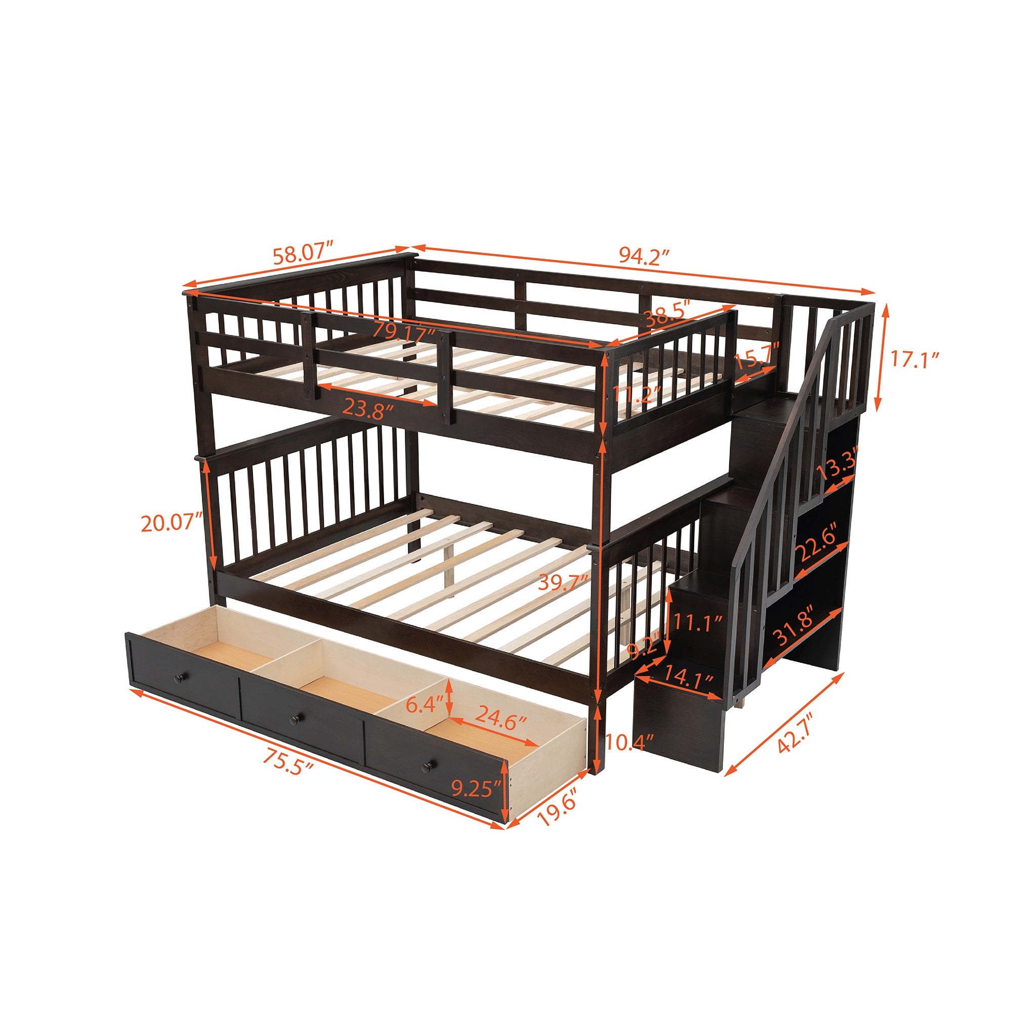 Brown Double Full Size Stairway Bunk Bed With Drawer Default Title