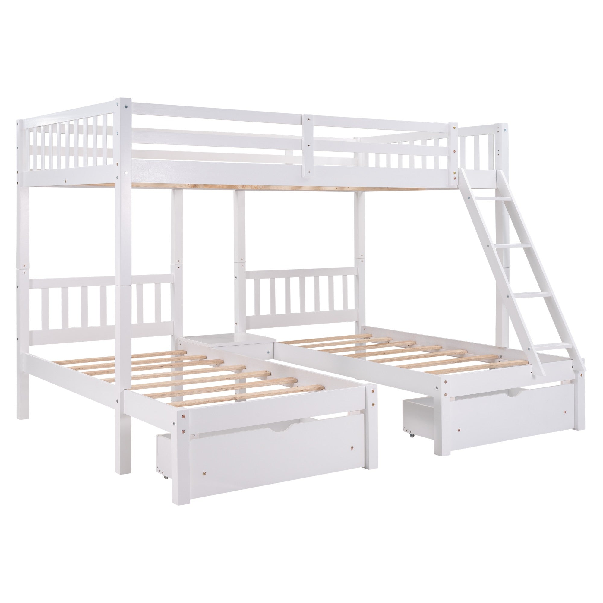 White Full Over Two Twins Triple Bunk Bed