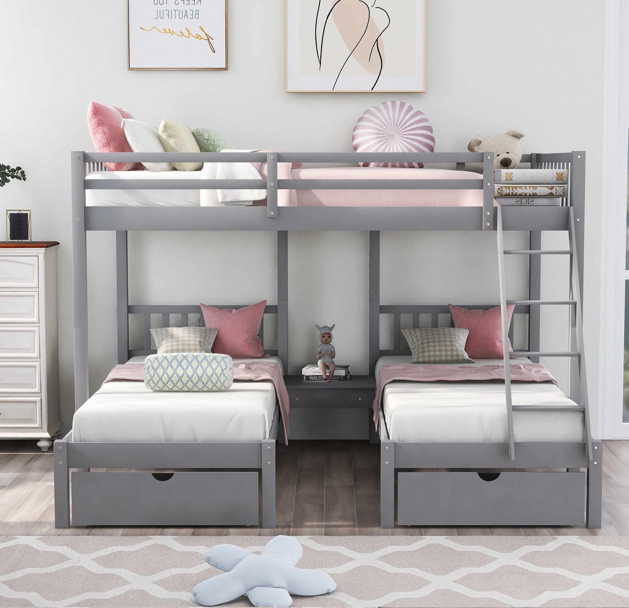 Gray Full Over Two Twins Triple Bunk Bed