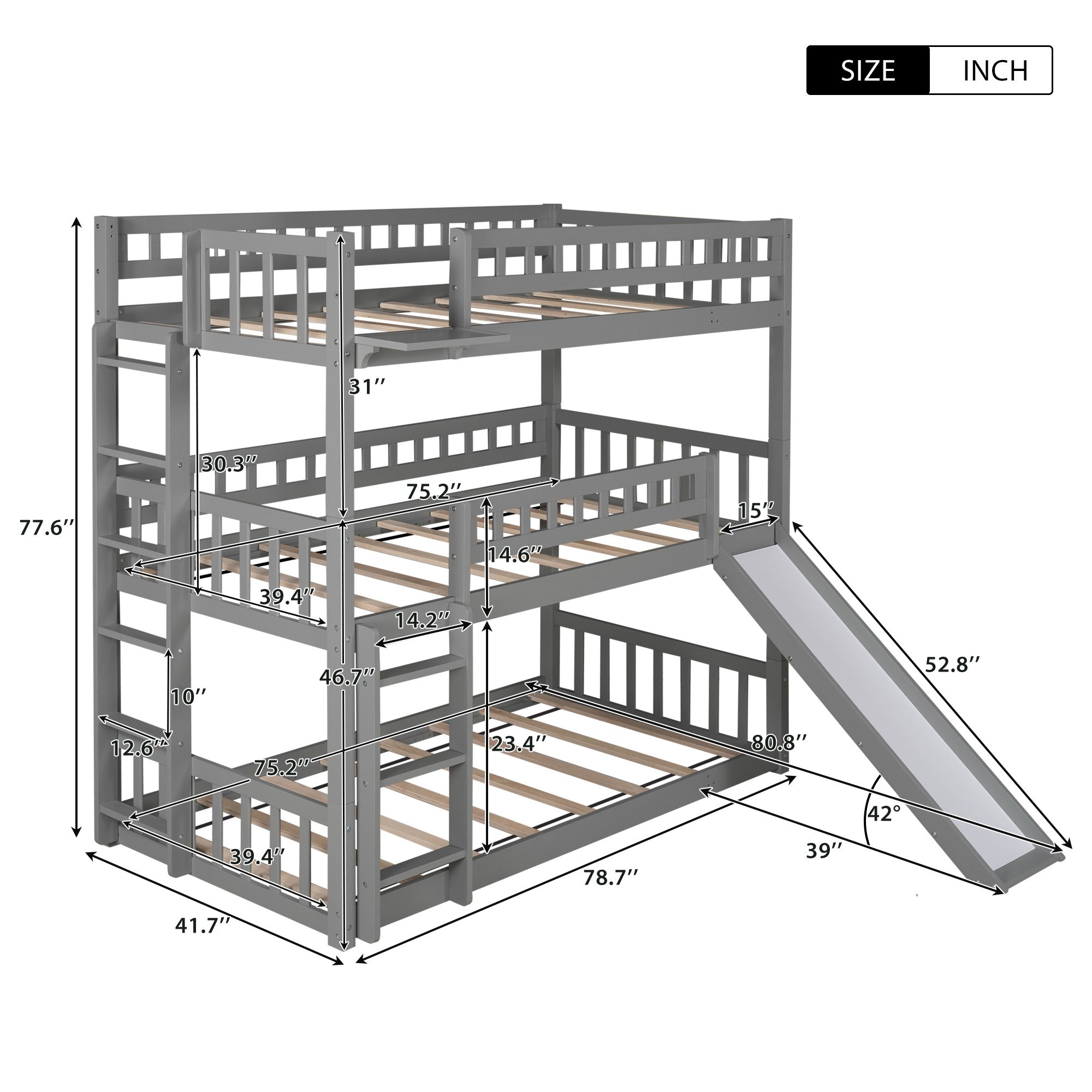 Gray Triple Twin Size Ladder Bunk Bed