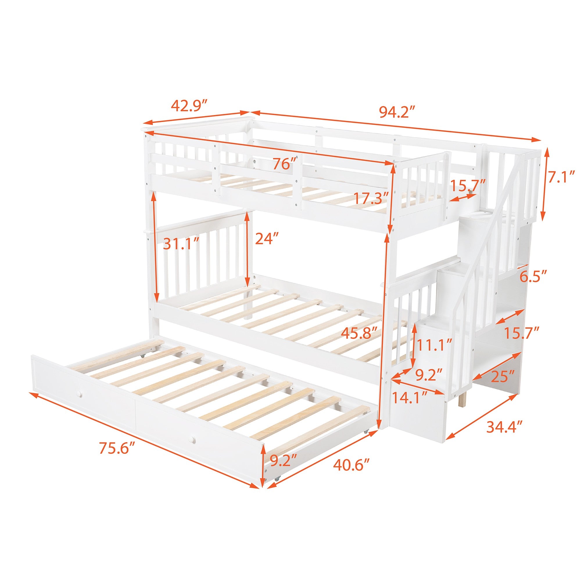 White Double Twin Size Stairway Bunk Bed