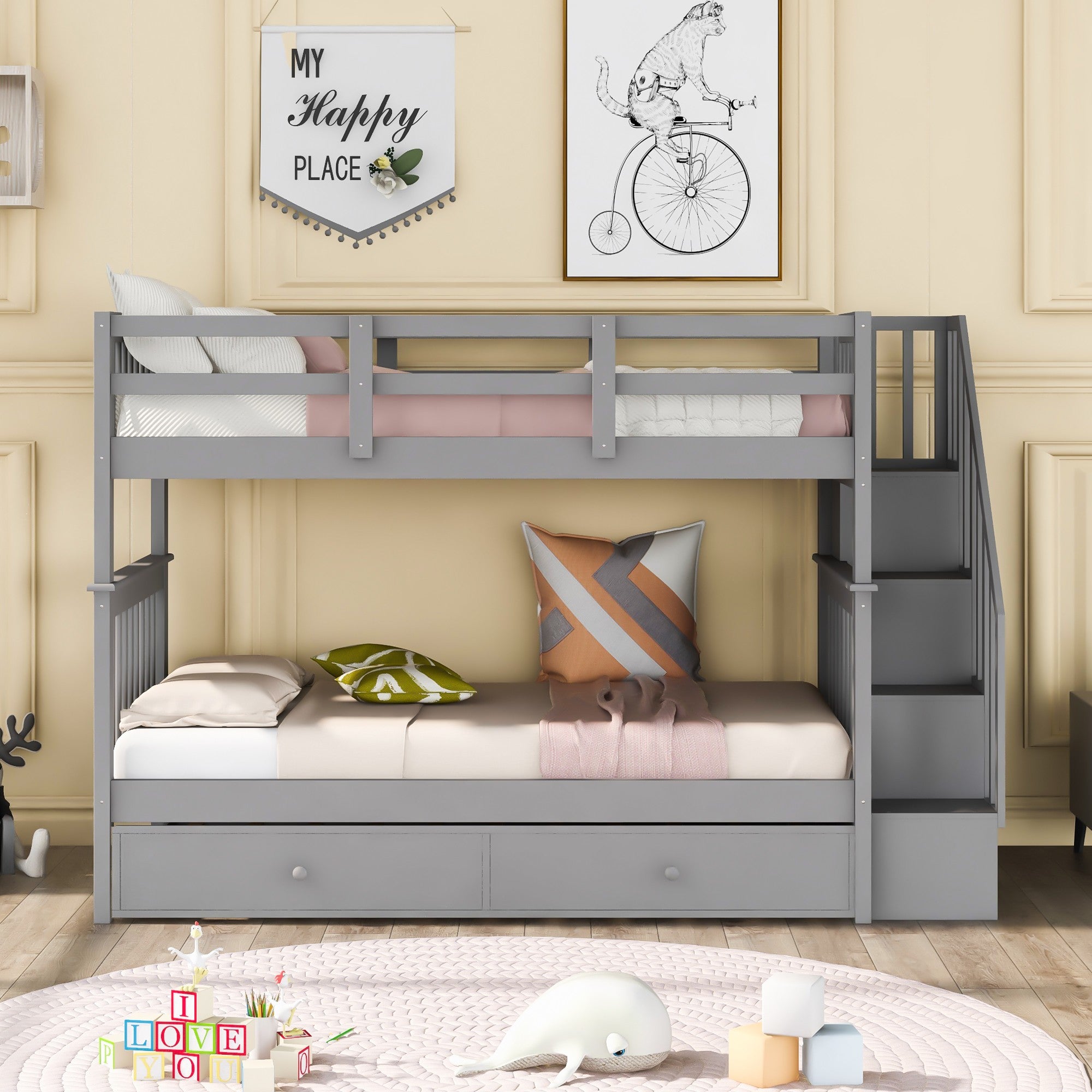Gray Double Twin Size Stairway Bunk Bed Default Title
