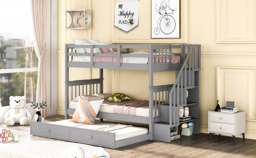 Gray Double Twin Size Stairway Bunk Bed Default Title