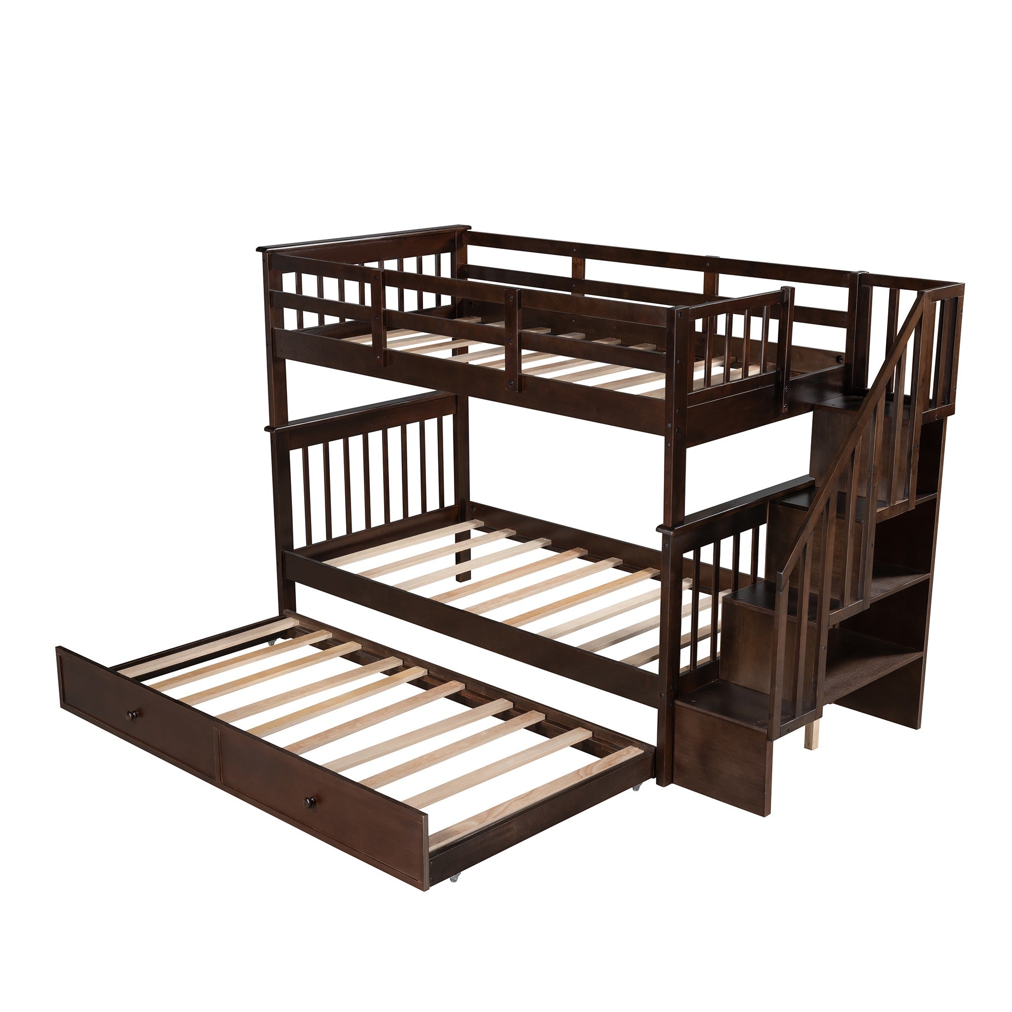 Brown Double Twin Size Stairway Bunk Bed Default Title