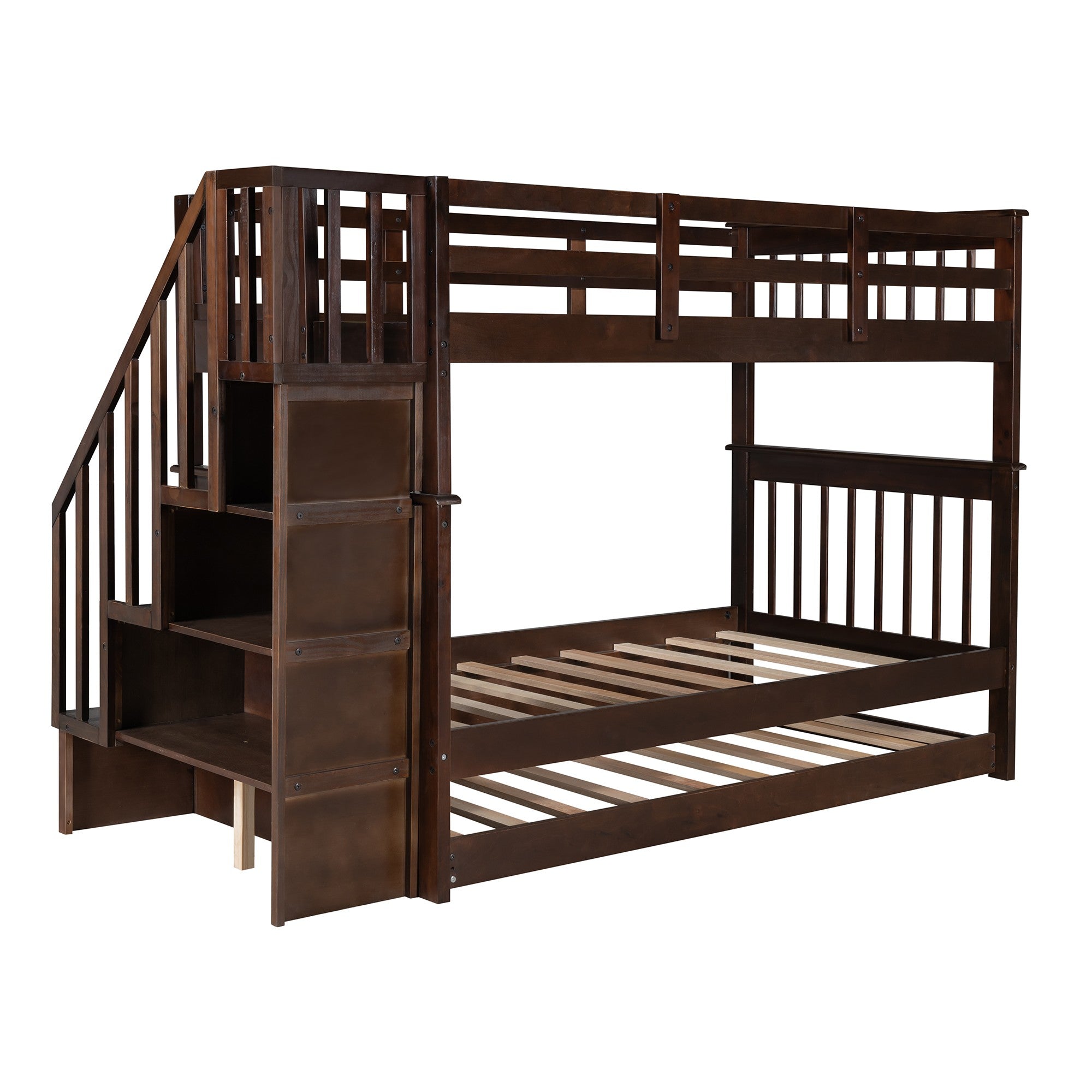 Brown Double Twin Size Stairway Bunk Bed Default Title