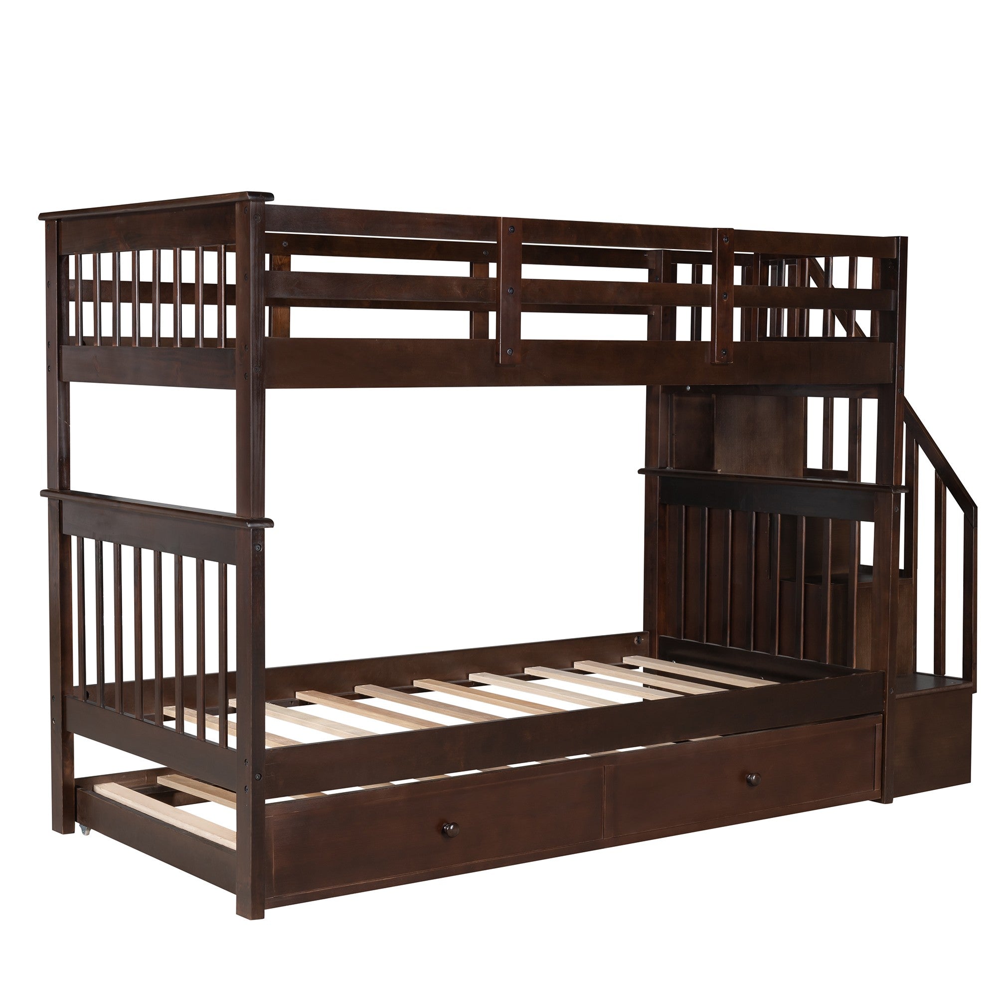 Brown Double Twin Size Stairway Bunk Bed