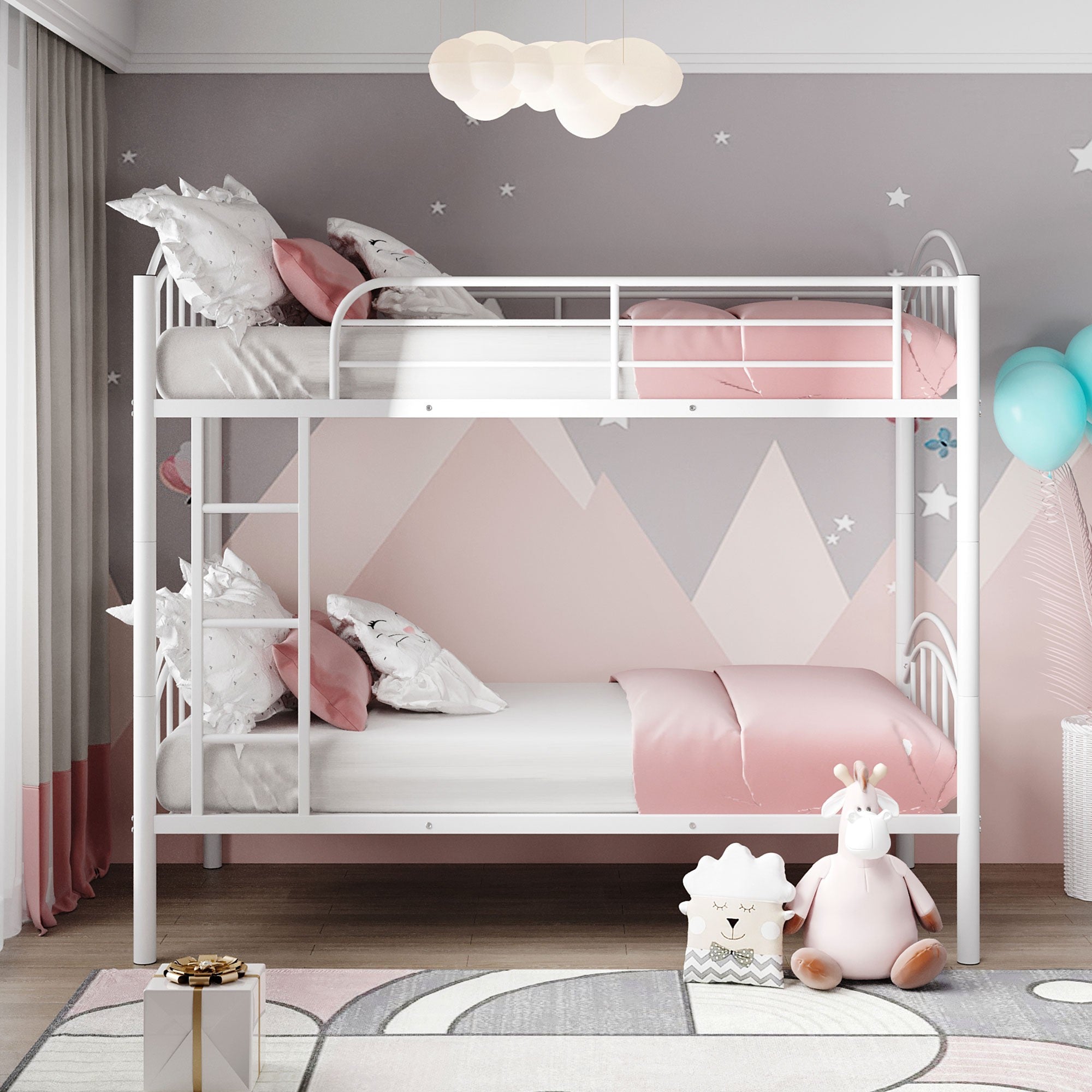 White Modern Classic Twin Over Twin Metal Bunk Bed