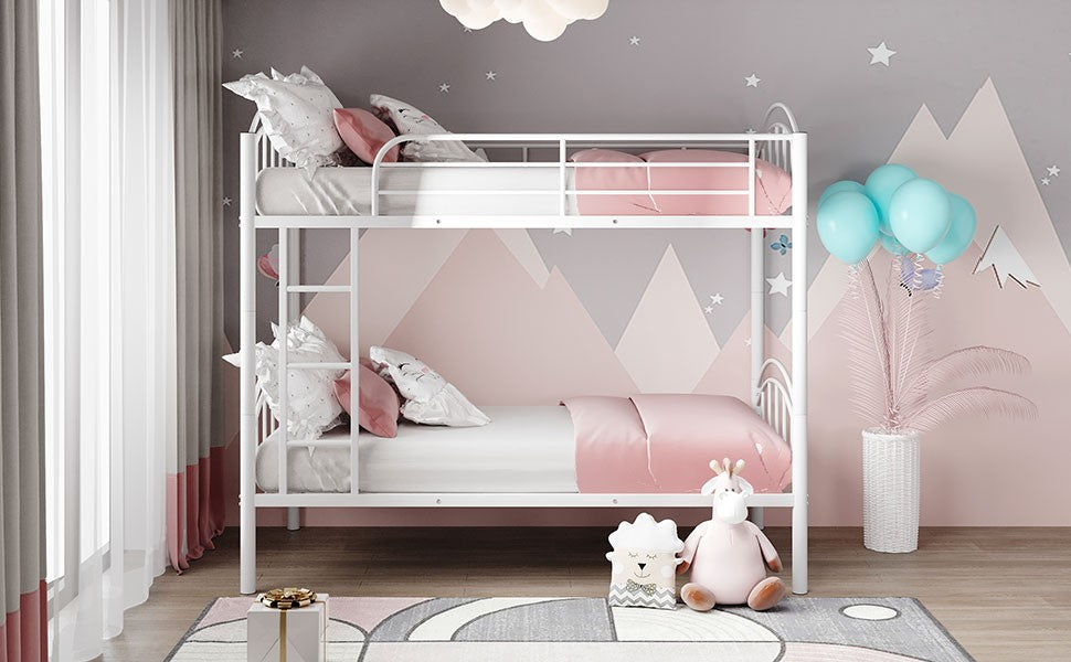 White Modern Classic Twin Over Twin Metal Bunk Bed