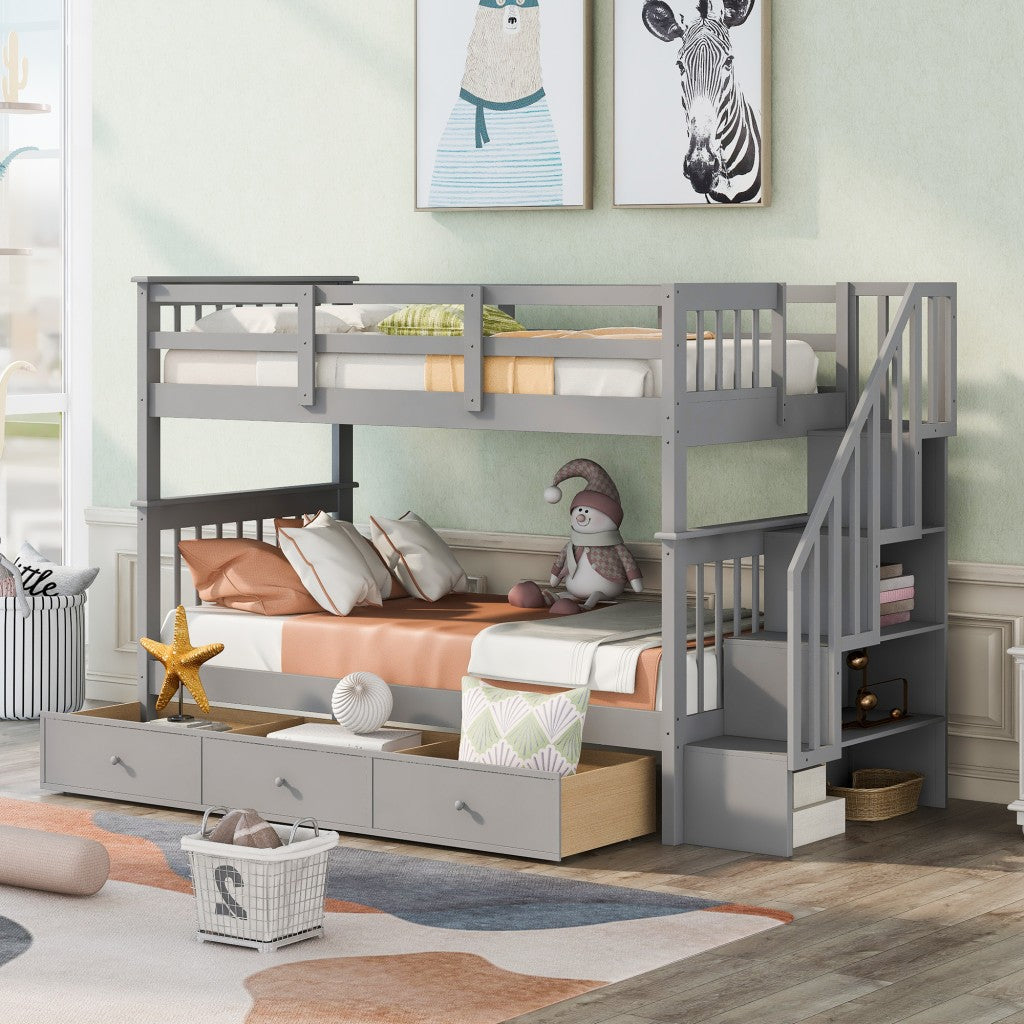 Gray Twin Over Twin Bunk Bed with Stairway and Drawers Default Title