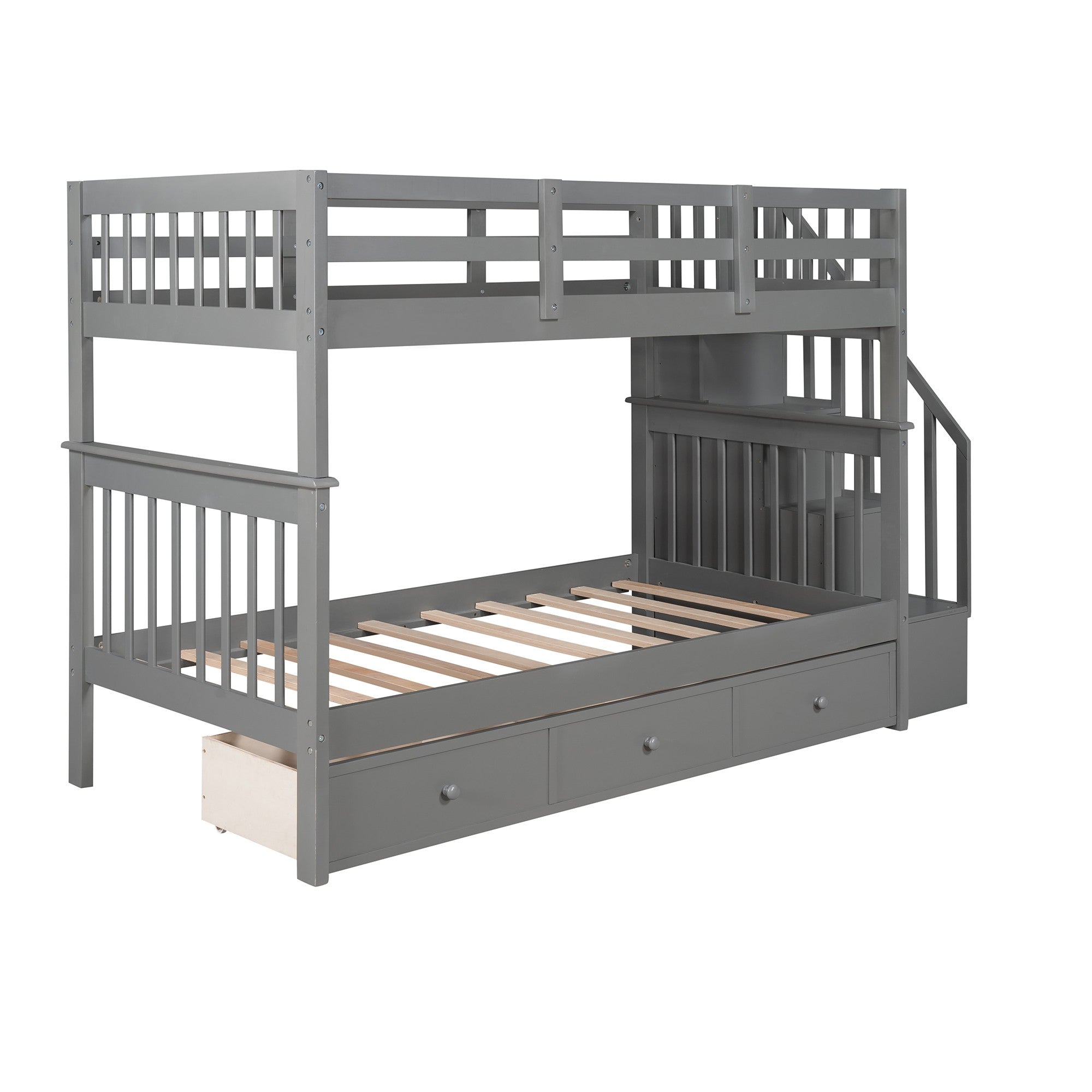 Gray Twin Over Twin Bunk Bed with Stairway and Drawers Default Title