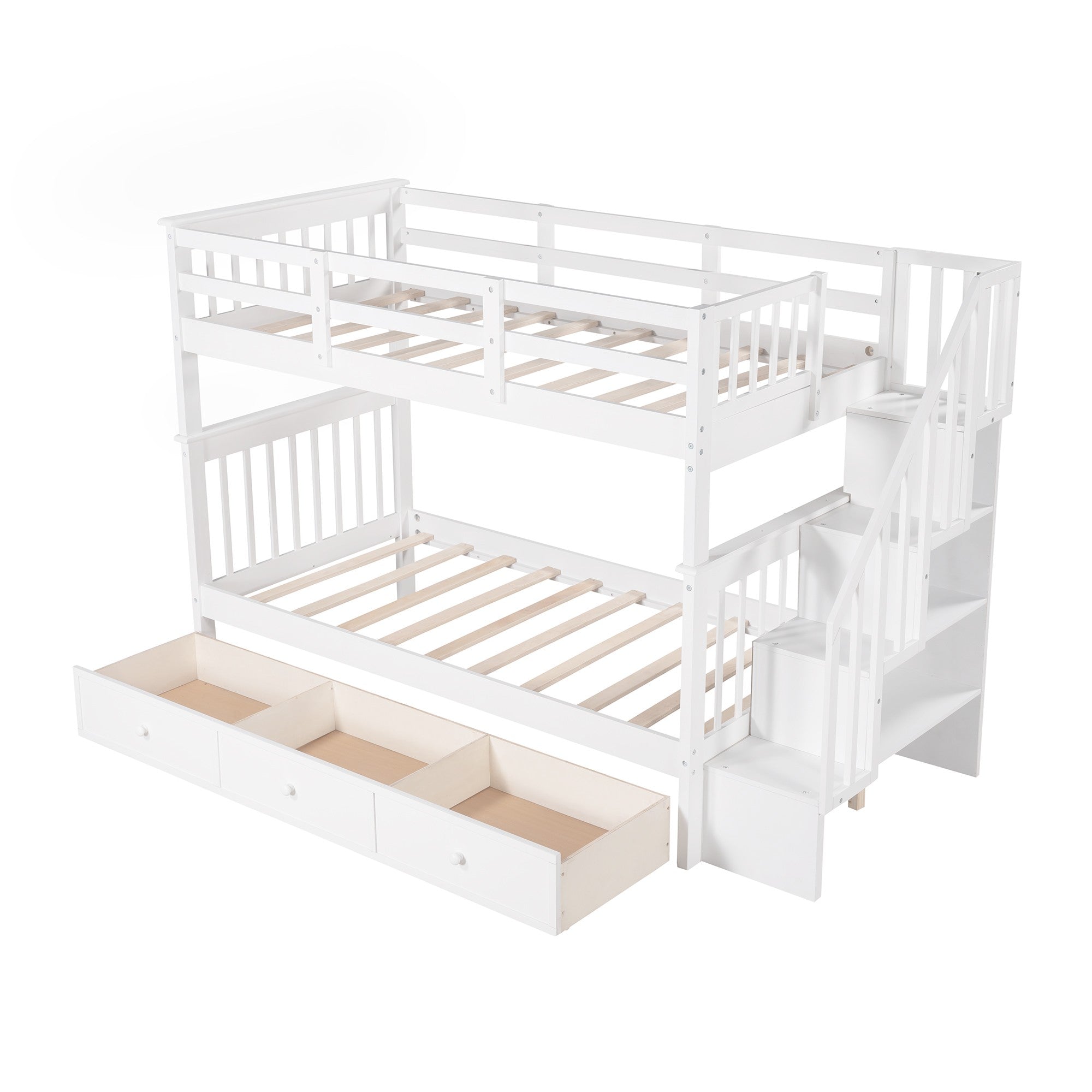 White Twin Over Twin Bunk Bed with Stairway and Drawers Default Title