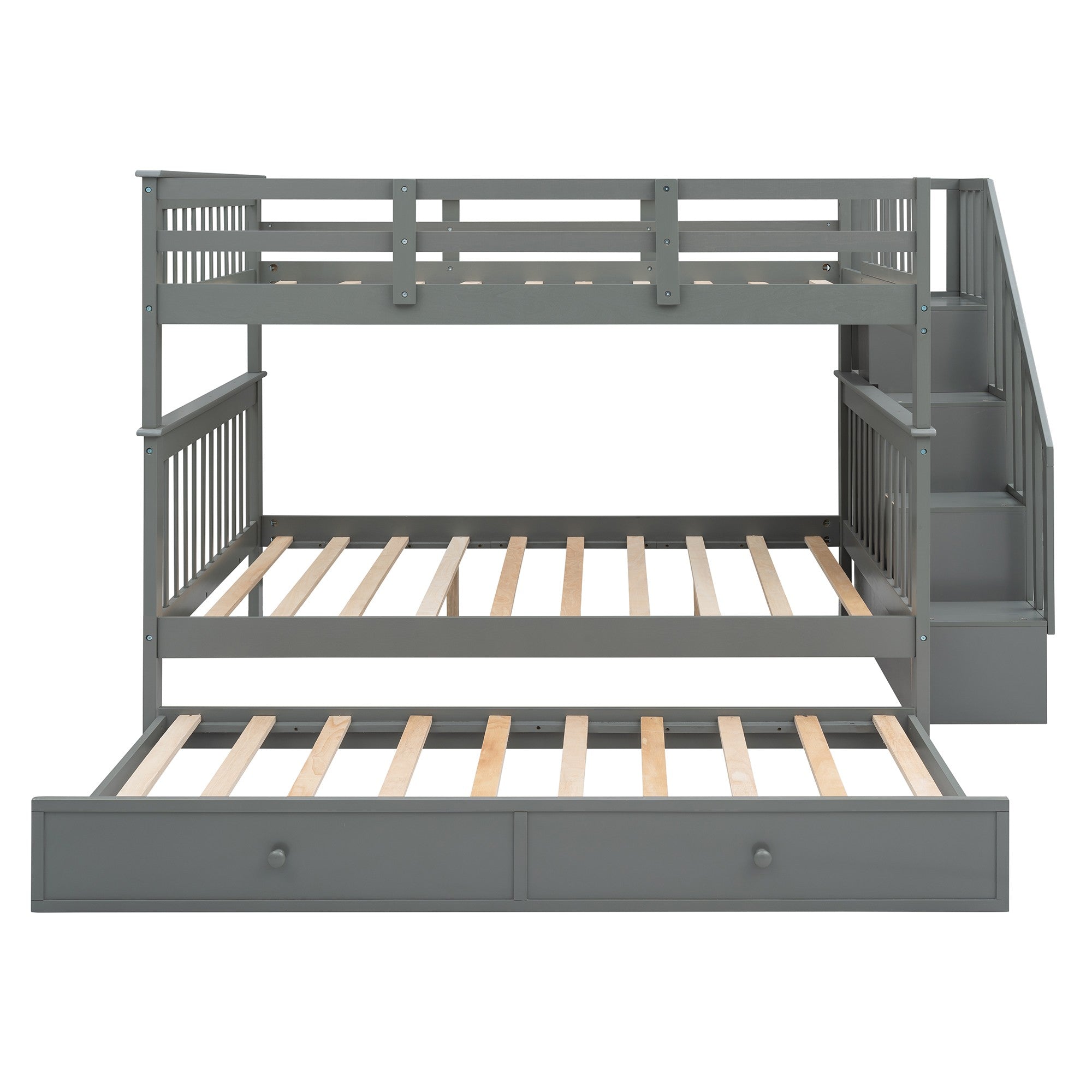 Gray Full Over Full Bunk Bed with Stairway Drawers and Trundle Default Title