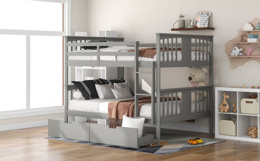 Modern Gray Full Over Full Bunk Bed with Two Drawers