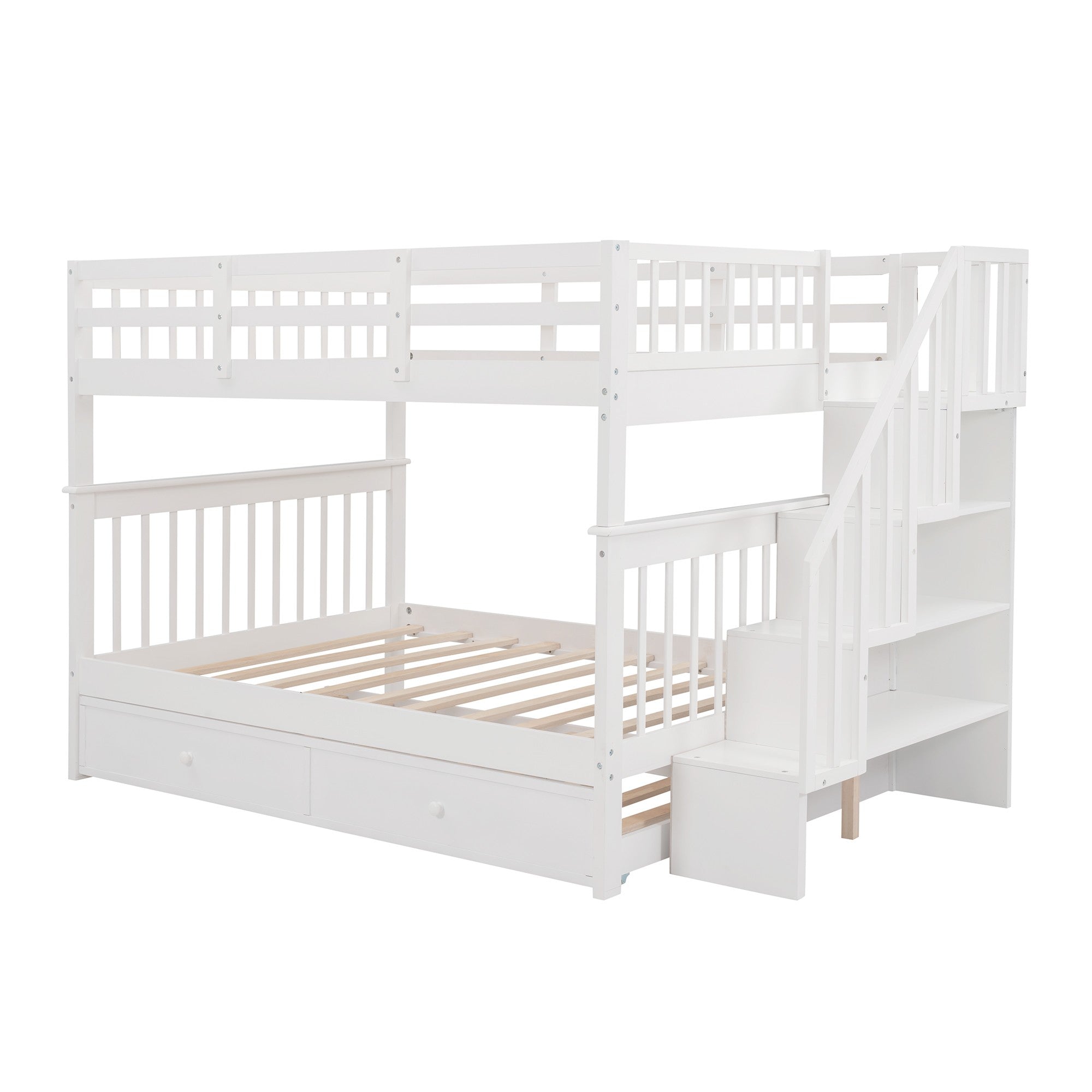 White Full Over Full Bunk Bed with Stairway Drawers and Trundle