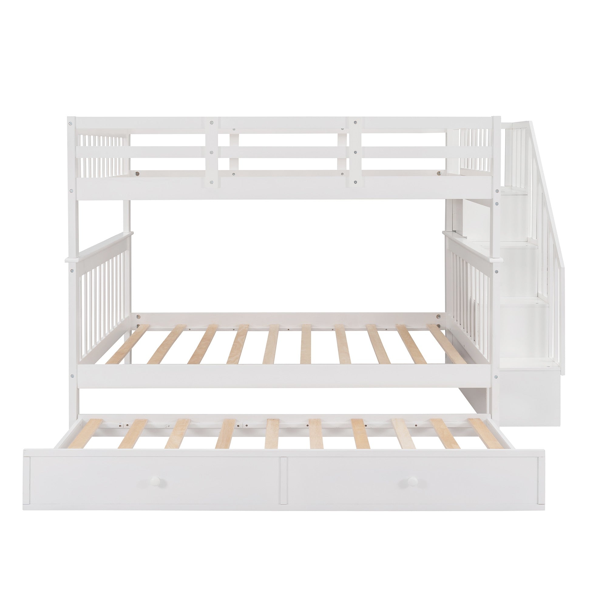 White Full Over Full Bunk Bed with Stairway Drawers and Trundle