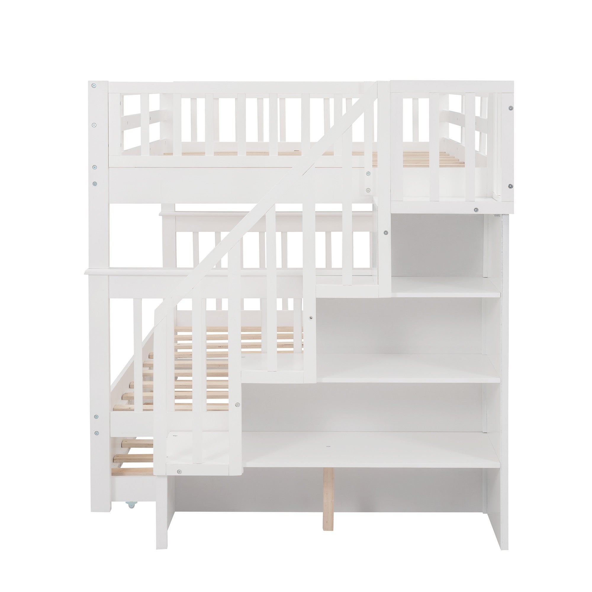 White Full Over Full Bunk Bed with Stairway Drawers and Trundle