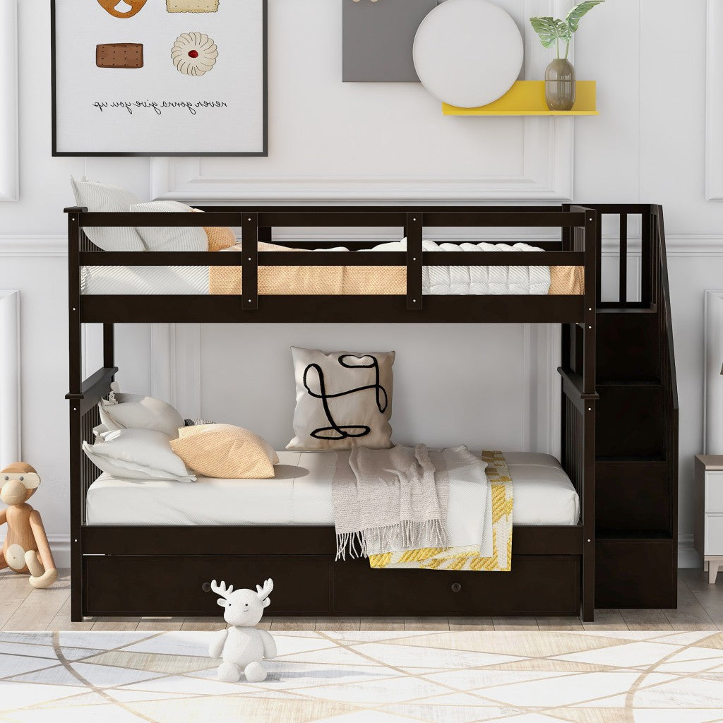 Espresso Full Over Full Bunk Bed with Stairway Drawers and Trundle Default Title
