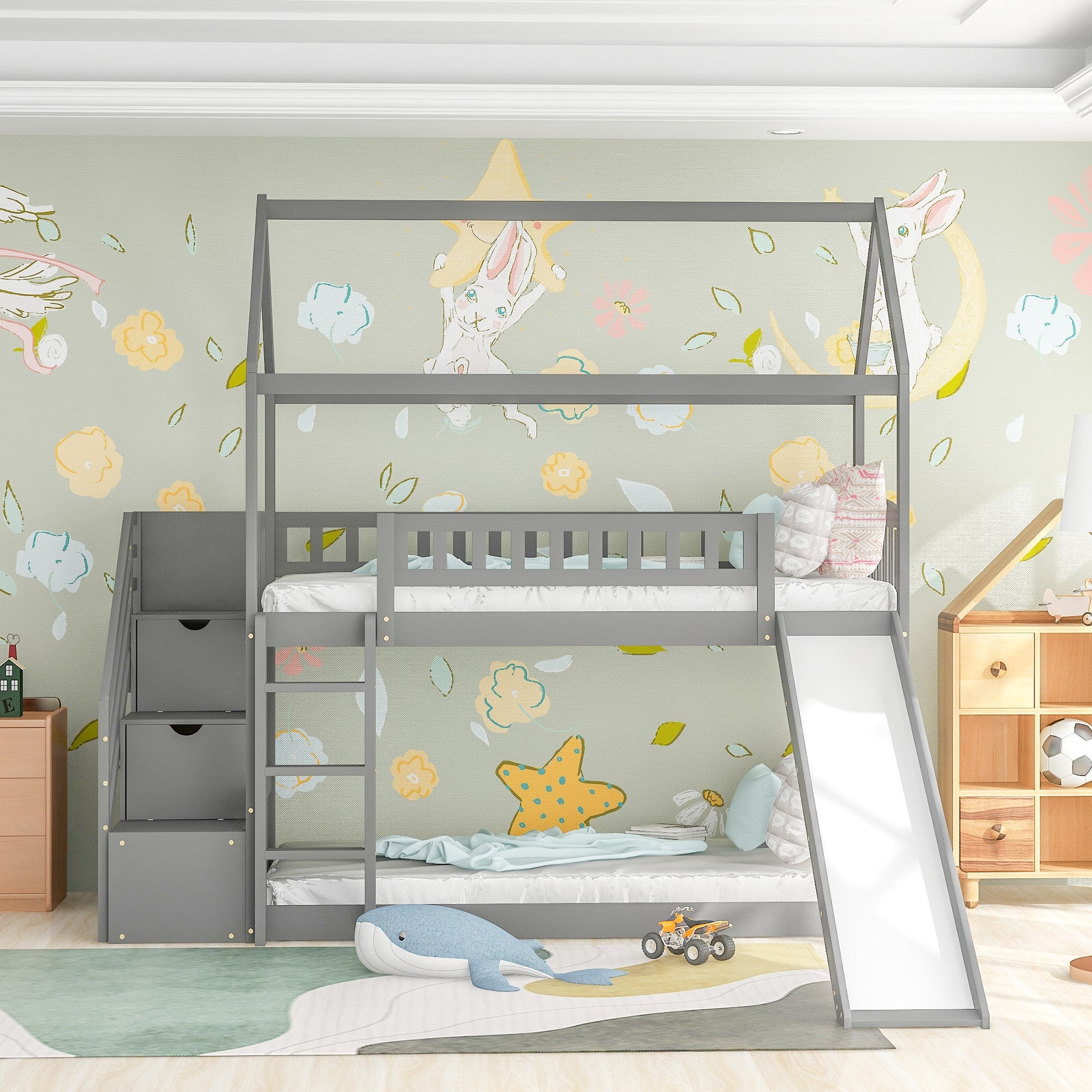 Gray Twin Over Twin Playhouse Styled Bunk Bed