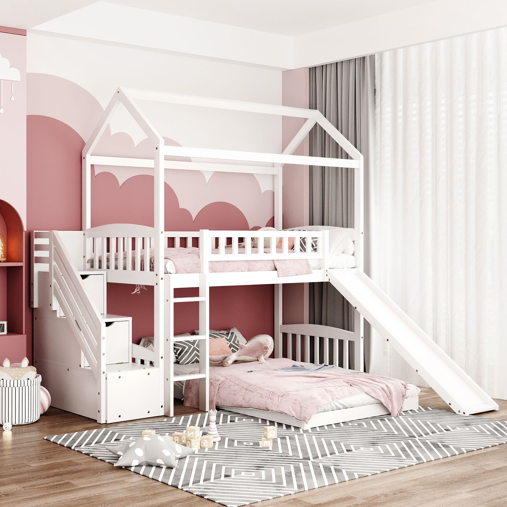 White Twin Over Twin PlayHouse Perpendicular Bunk Bed with Slide Default Title