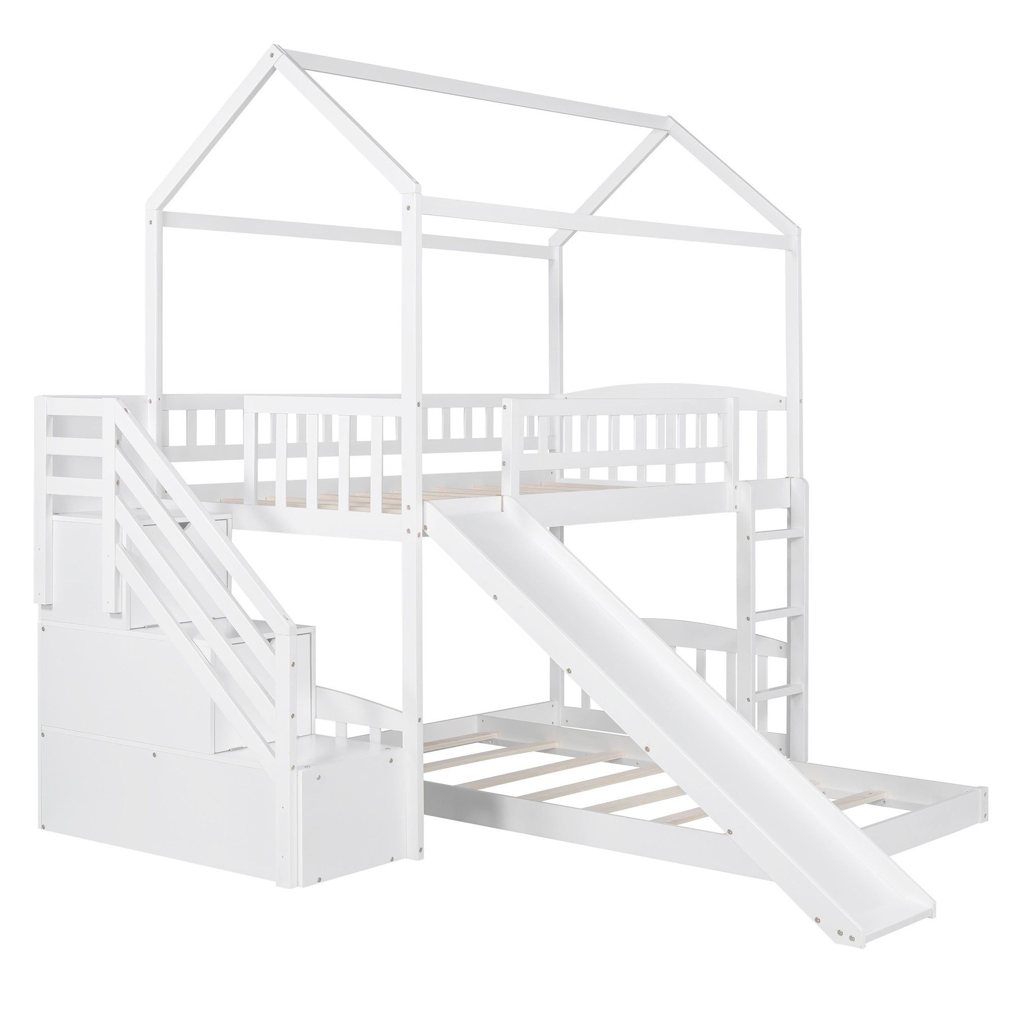 White Twin Over Twin PlayHouse Perpendicular Bunk Bed with Slide Default Title