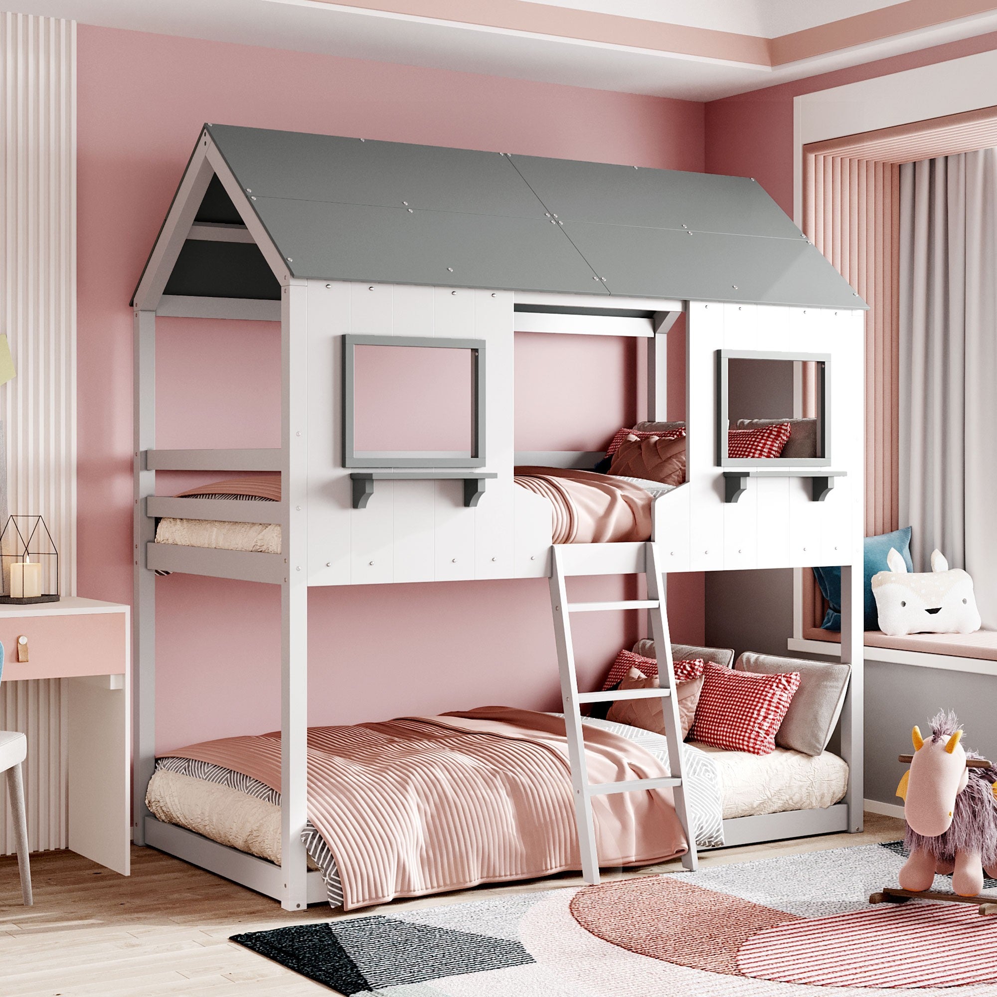 White and Dark Gray Twin Over Twin Doll House Bunk Bed Default Title