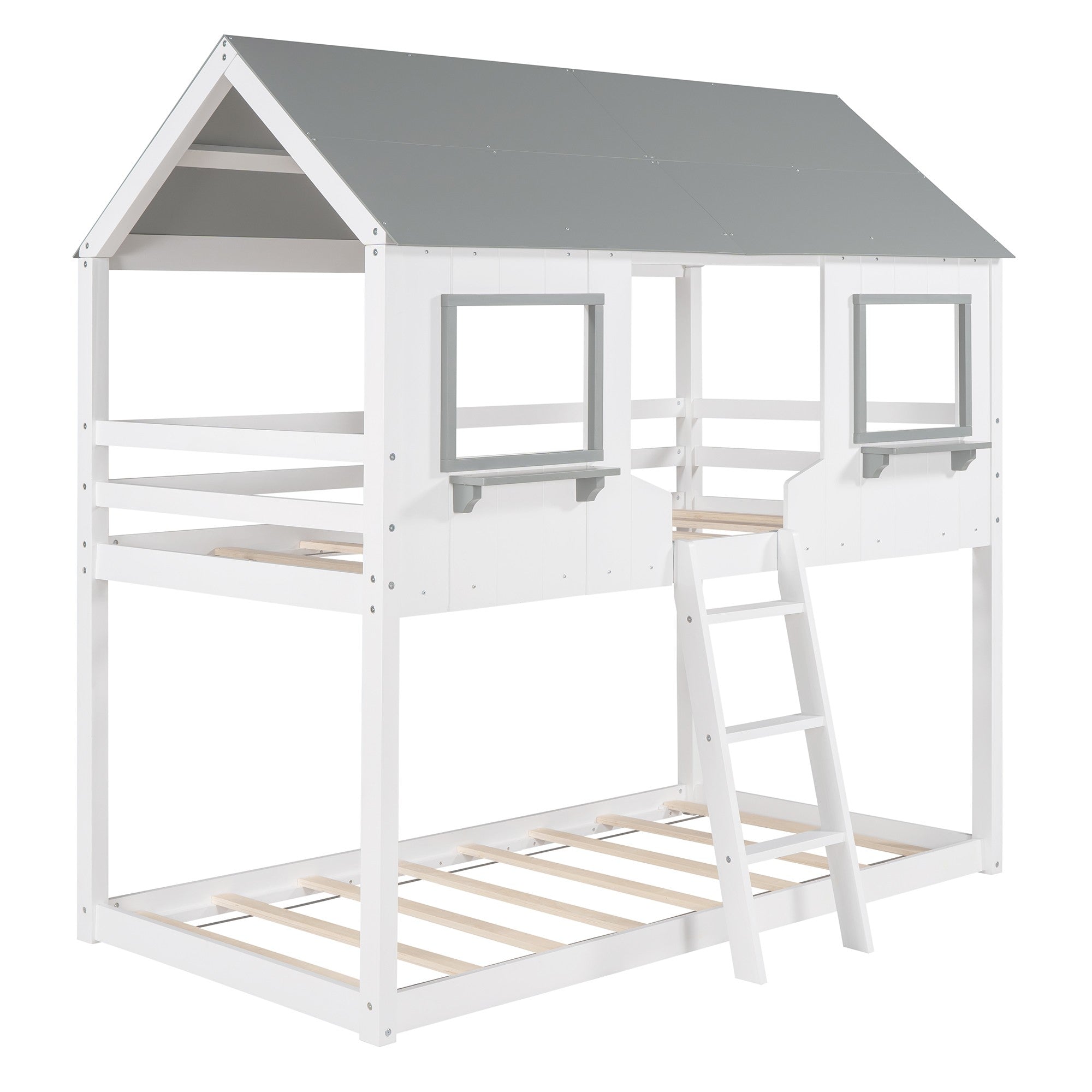 White and Dark Gray Twin Over Twin Doll House Bunk Bed