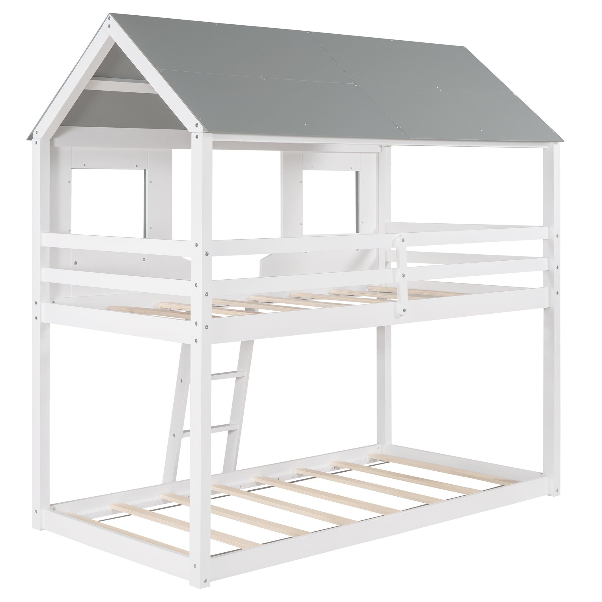 White and Dark Gray Twin Over Twin Doll House Bunk Bed