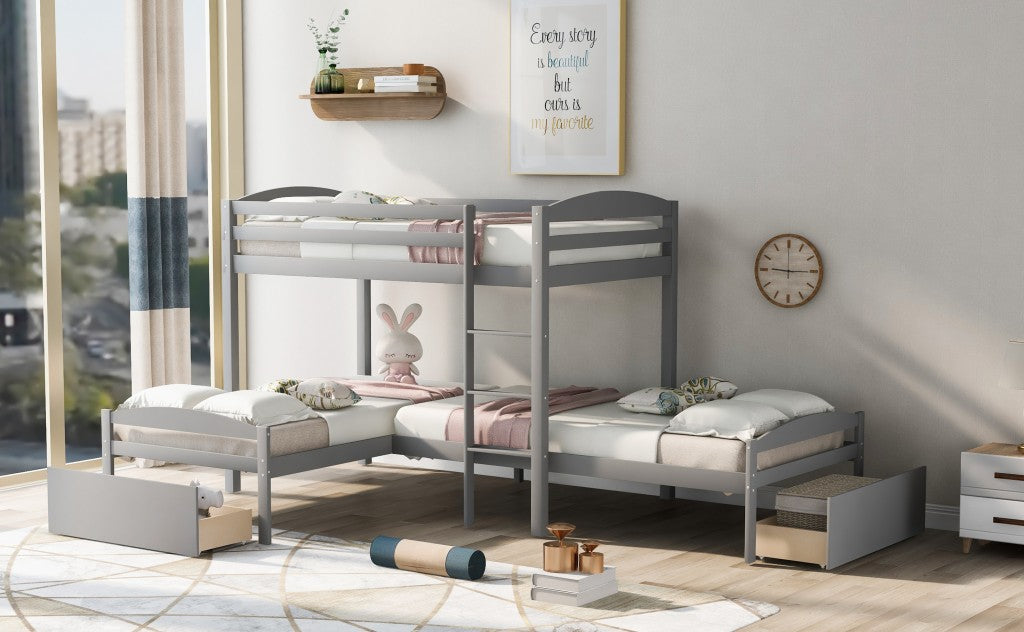 Gray L Shaped Triple Bunk Bed with Drawers Default Title