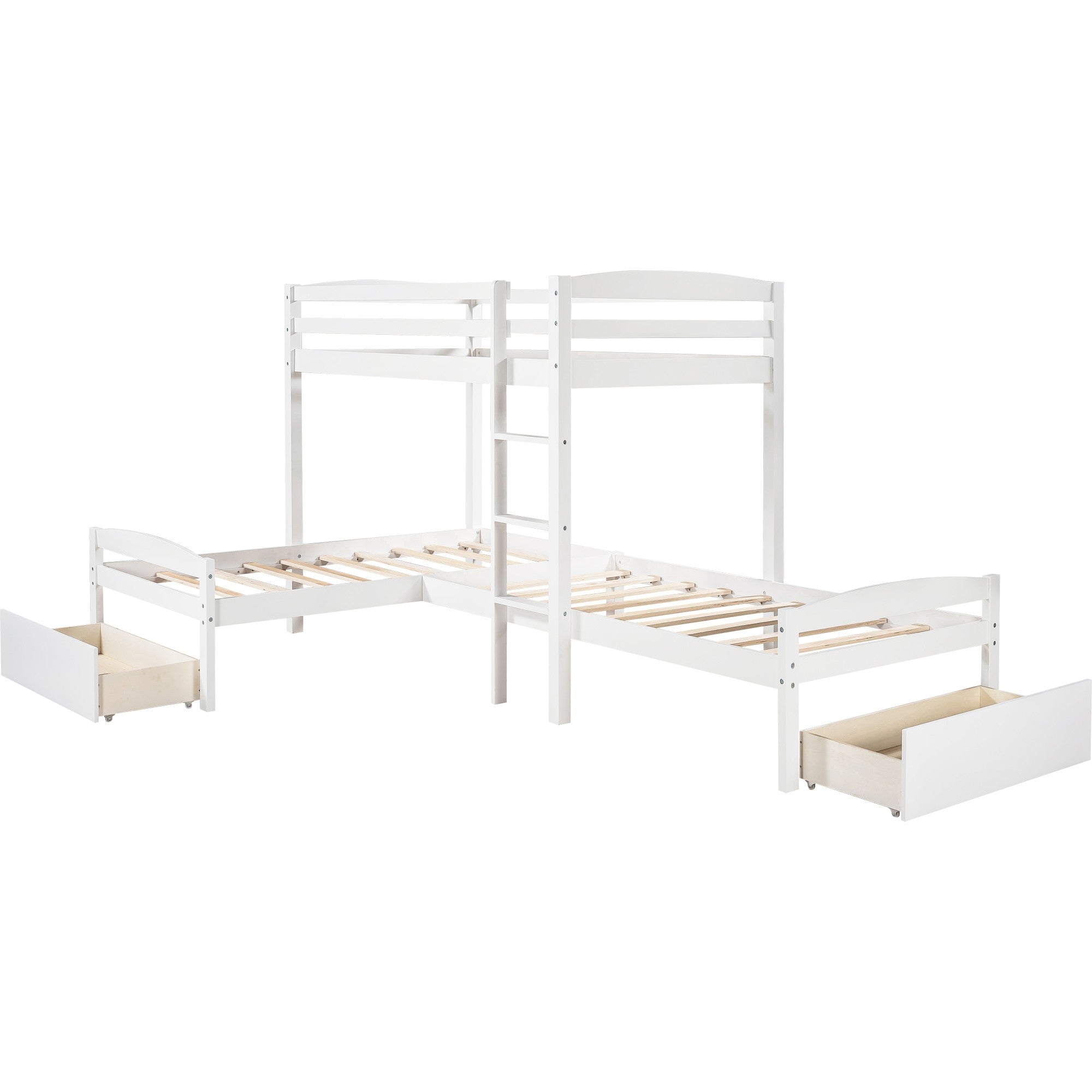 White L Shaped Triple Bunk Bed with Drawers