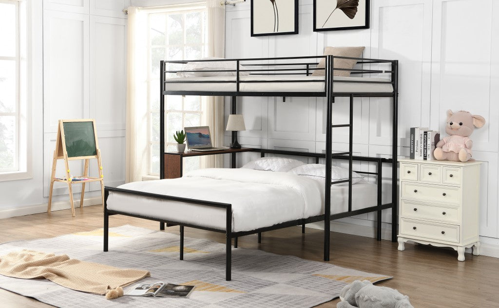 Black Twin Over Full Metal Bunk Bed with Built In Desk