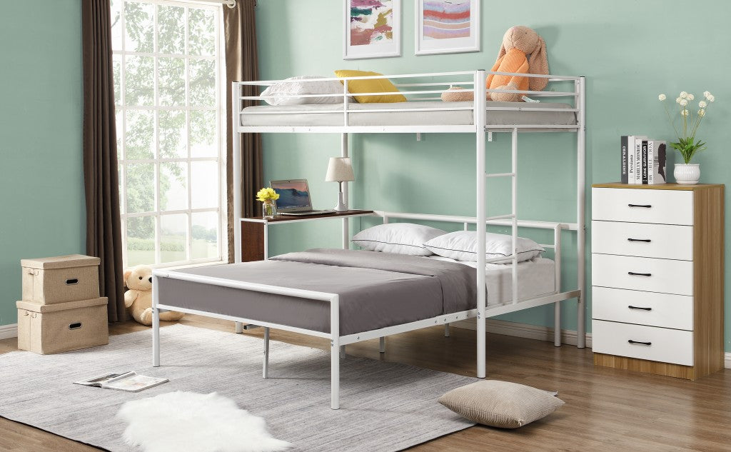 White Twin Over Full Metal Bunk Bed with Built In Desk