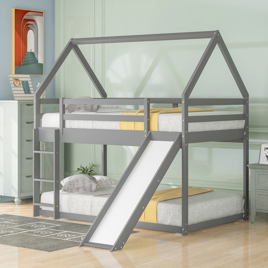 Gray Twin Over Twin House Bed with Slide and Ladder