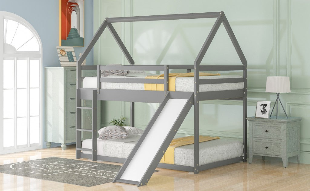 Gray Twin Over Twin House Bed with Slide and Ladder Default Title