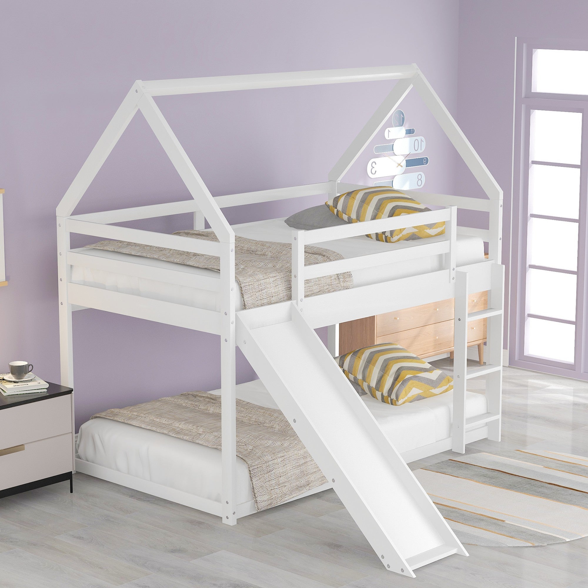White Twin Over Twin House Bed with Slide and Ladder Default Title