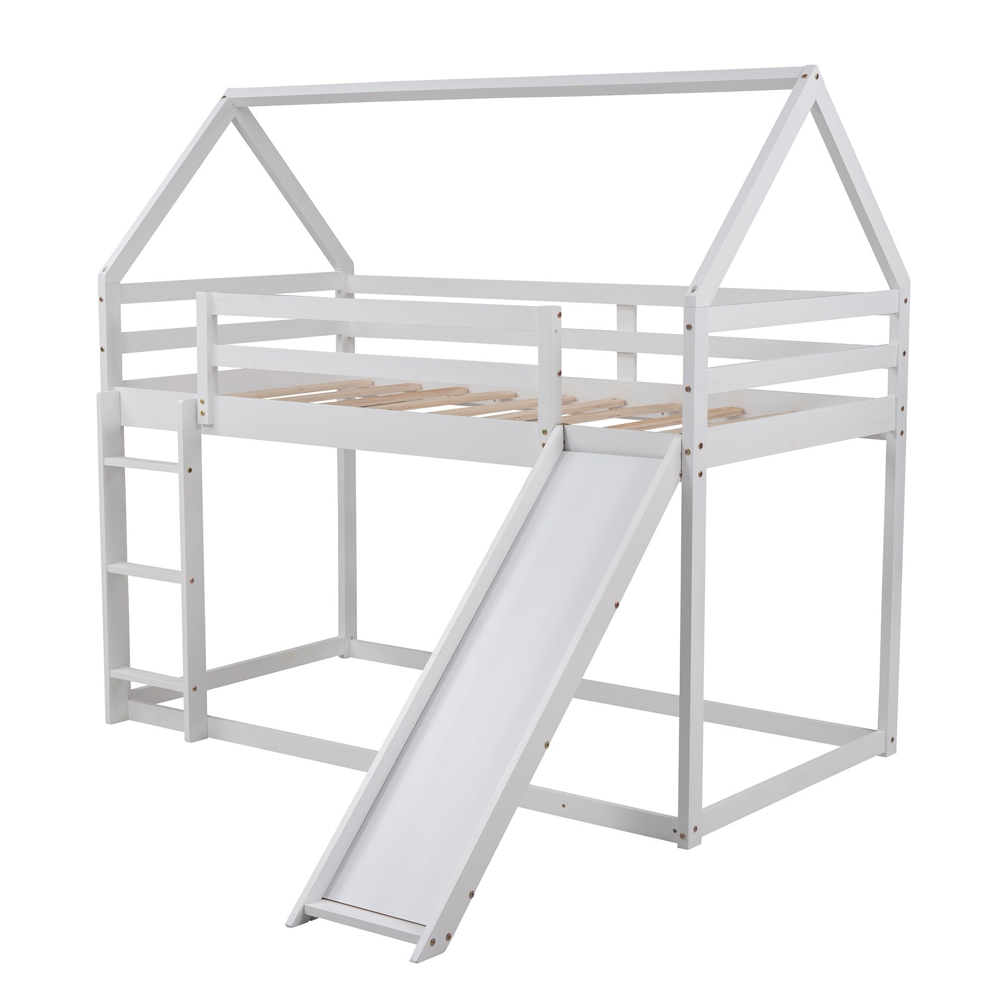 White Twin Over Twin House Bed with Slide and Ladder Default Title