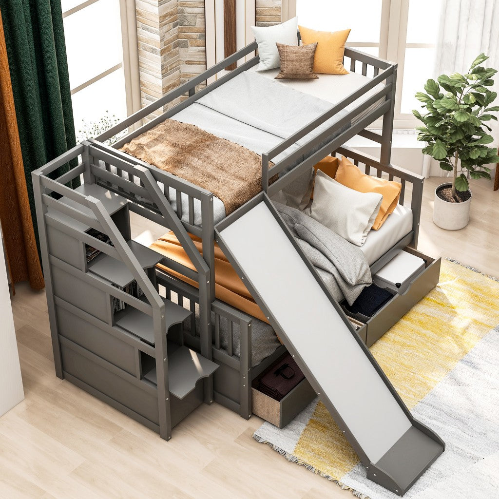 Gray Twin Over Full Bunk Bed with Slide and Storage Default Title