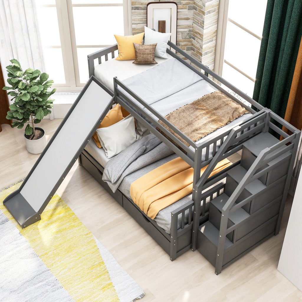 Gray Twin Over Full Bunk Bed with Slide and Storage